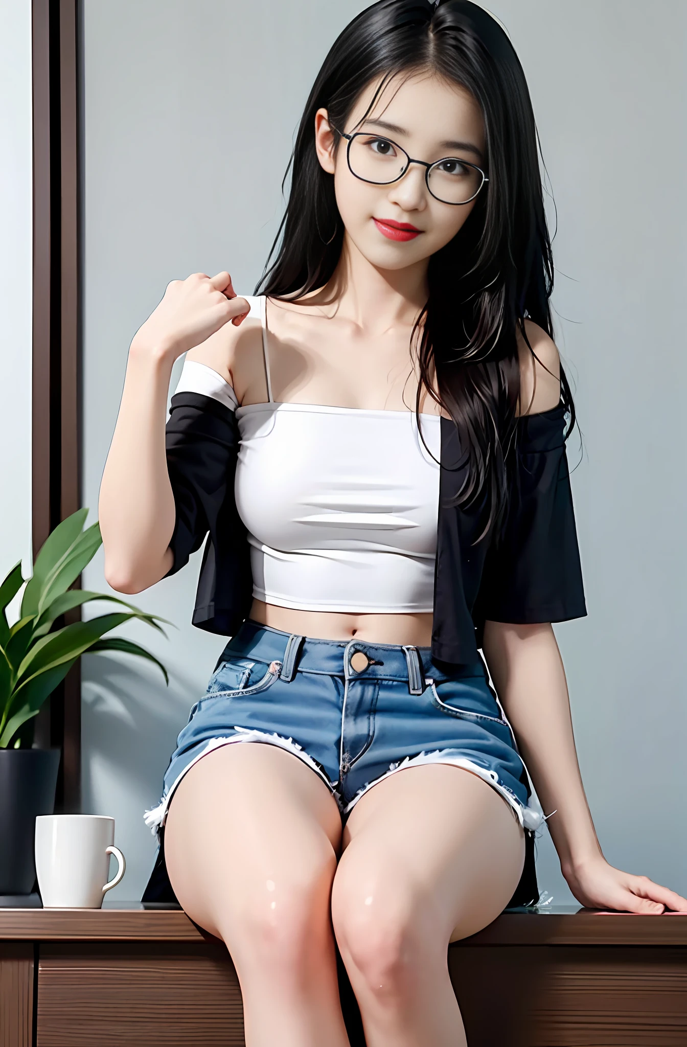 Real person, peerless beauty, real face, real cg, high image quality, 4K resolution, long black hair, white wall in the background, white table in front of the wall, girl sitting on the table, right hand supporting face, transparent shorts, shorts zipper unzipped, facing me, smile, high heeled sandals, transparent top, lower limbs open, picture frame on the left side of the table, computer monitor on the right side of the table, blushing, oily red lips, sweet smile, transparent T-shirt, off-the-shoulder, pure, wearing gold wire glasses, long legs, showing feet, You can see the navel, you can see the knees, the sitting posture, Liu Yifei's face