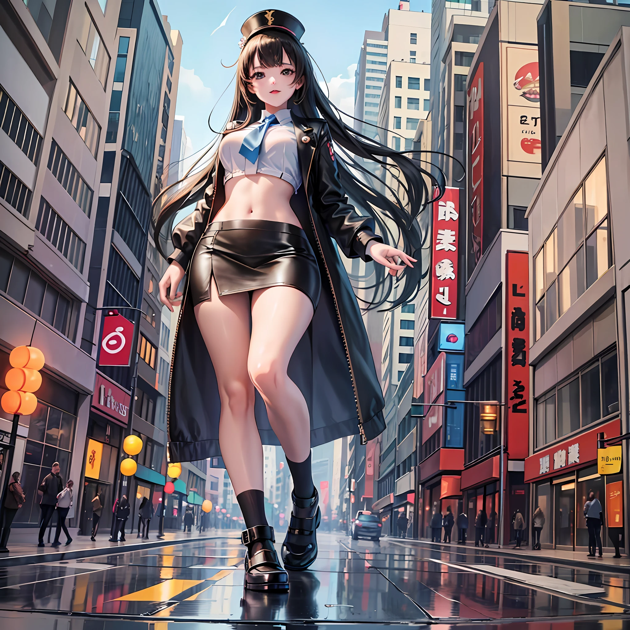 extremely tall (15 meters) anime-style giantess girl stands on the main road of the city, legs in different directions, hands on her stomach, the road is wet after rain, the giantess's gaze is directed downwards, the giantess looks a little to the left of the camera, the giantess is wearing high shoes, rainbow socks, high quality, camera view from bottom to top, camera in front of the giantess, beautiful face, condescending look, excellent quality, Blurred Background