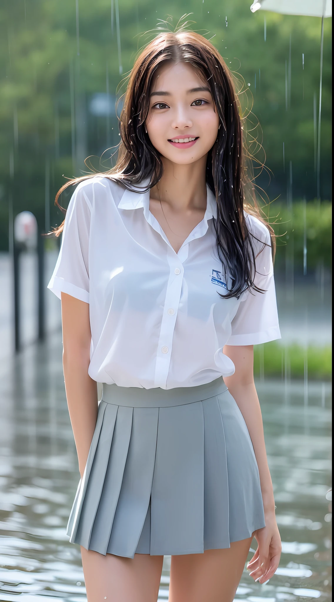 ((Top Quality, 8K, Masterpiece: 1.3)), (high detail: 1 in 1), (Focus on face),buttocks: 1.2, (Perfect Body Beauty: 1.4), ((Layered Haircut, Chest: 1.4)), (Rain:1.6), (in Street), (Wearing a (wet:1.4) white school Uniform with miniskirt and Loose Tie), Very detailed face and skin texture, narrow eyes, double eyelids, whitening skin, long hair, (Shut up: 1.3), smile,extra, real photo, psd, lamp film photography, sharp focus, contrast lighting, detailed skin, high resolution 8k, crazy detail, realistic, professional photography, 8k uhd, SLR camera, soft lighting, high quality, film grain, fujifilm XT3,