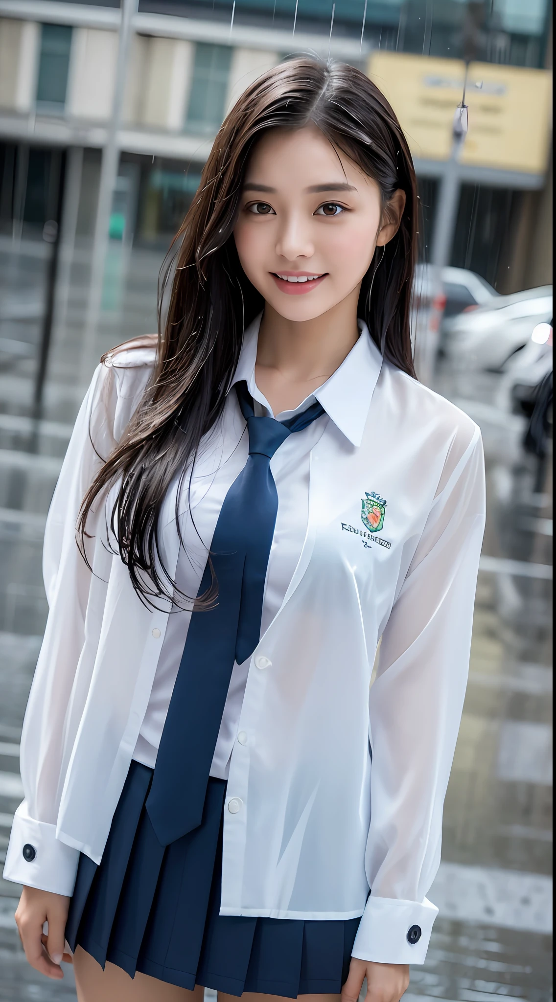 ((Top Quality, 8K, Masterpiece: 1.3)), (high detail: 1 in 1), (Focus on face),buttocks: 1.2, (Perfect Body Beauty: 1.4), ((Layered Haircut, Chest: 1.4)), (Rain:1.6), (in Street), (Wearing a (wet:1.4) white school Uniform with miniskirt and Loose Tie), Very detailed face and skin texture, narrow eyes, double eyelids, whitening skin, long hair, (Shut up: 1.3), smile,extra, real photo, psd, lamp film photography, sharp focus, contrast lighting, detailed skin, high resolution 8k, crazy detail, realistic, professional photography, 8k uhd, SLR camera, soft lighting, high quality, film grain, fujifilm XT3,