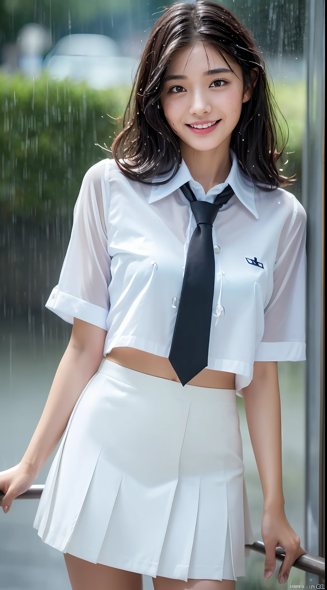 ((Top Quality, 8K, Masterpiece: 1.3)), (high detail: 1 in 1), (Focus on face),buttocks: 1.2, (Perfect Body Beauty: 1.4), ((Layered Haircut, Chest: 1.4)), (Rain:1.6), (in Street), (Wearing a (wet:1.4) white school Uniform with miniskirt and Loose Tie), Very detailed face and skin texture, narrow eyes, double eyelids, whitening skin, long hair, (Shut up: 1.3), smile,extra, real photo, psd, lamp film photography, sharp focus, contrast lighting, detailed skin, high resolution 8k, crazy detail, realistic, professional photography, 8k uhd, SLR camera, soft lighting, high quality, film grain, fujifilm XT3,