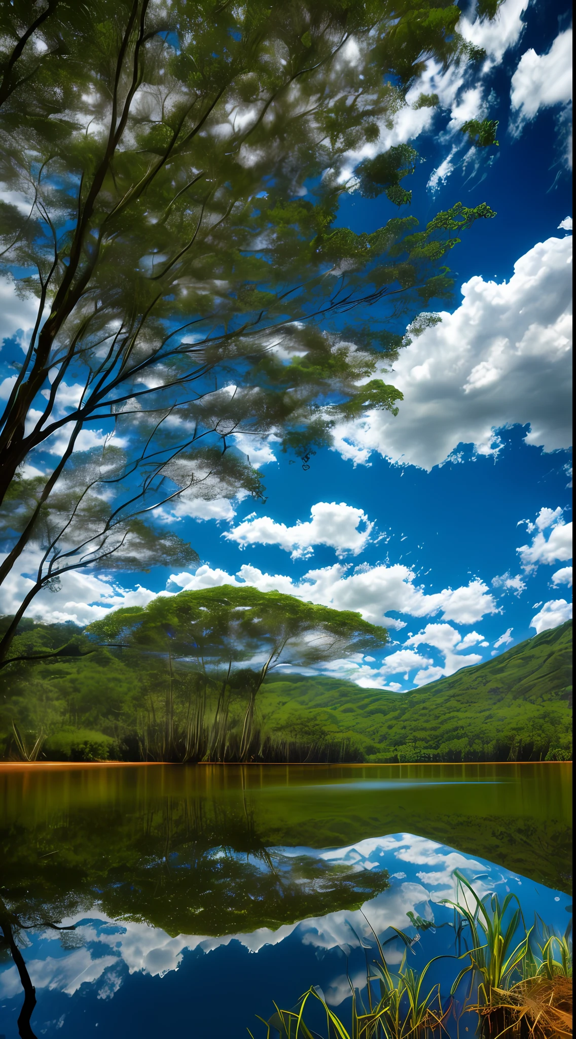 Real photo, wallpaper, summer, lake, 11:00 am, ((Brazilian forest)), cerrado verde detailed, clouds, masterpiece, cinematic, soft light, depth of field, ray tracing, reflection in water, realism, detailed ulra, 64K UHD