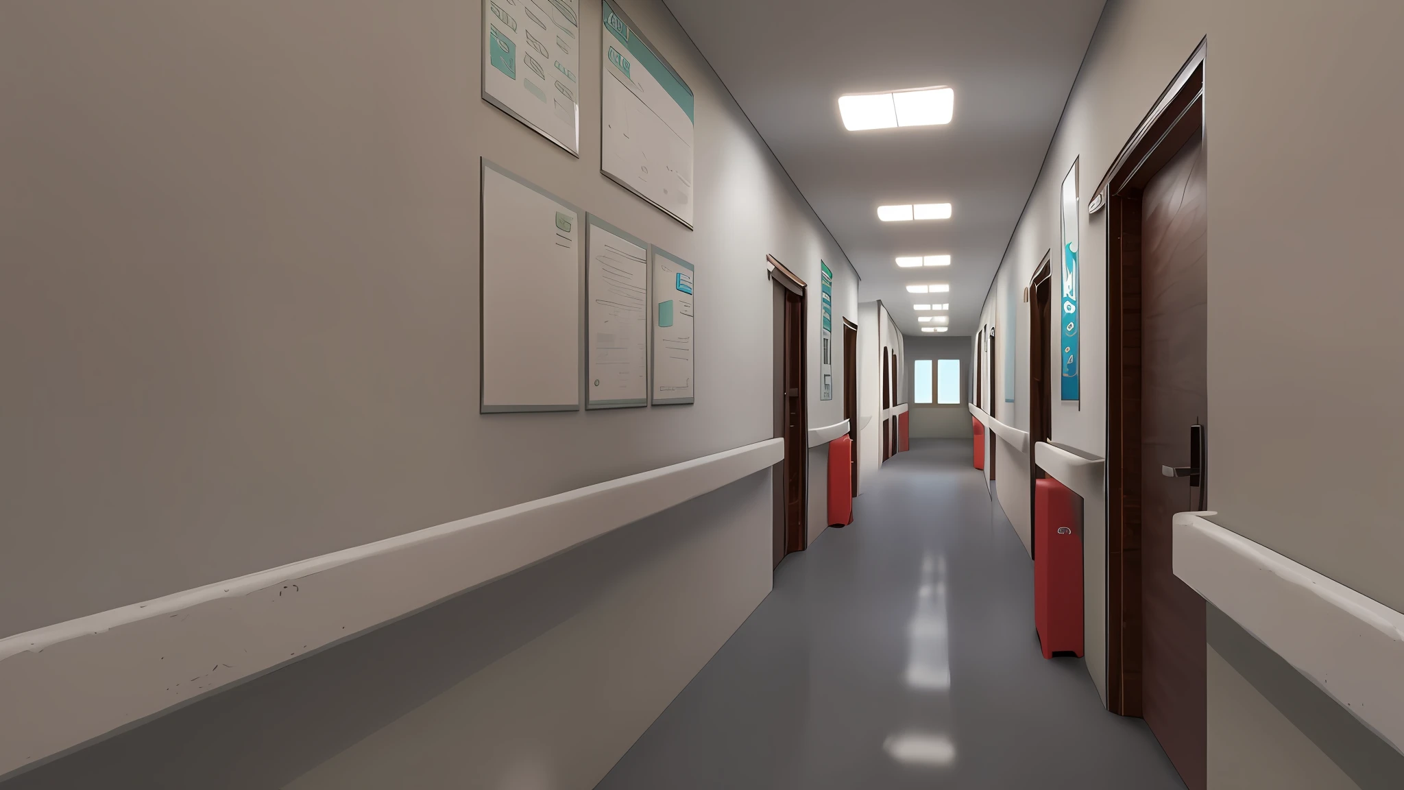 There is a long corridor with a wooden door and a white wall, hospital interior, sunny, hospital lighting, corridors, rendering in Unreal Engine 3D, rendering in Unreal Engine, rendering in Unreal Engine, rendering in Arnold, rendering in Unreal Engine, rendering in Unreal Engine, rendering in Unreal Engine, photo rendering, path tracing rendering, rendering in Unreal Engine