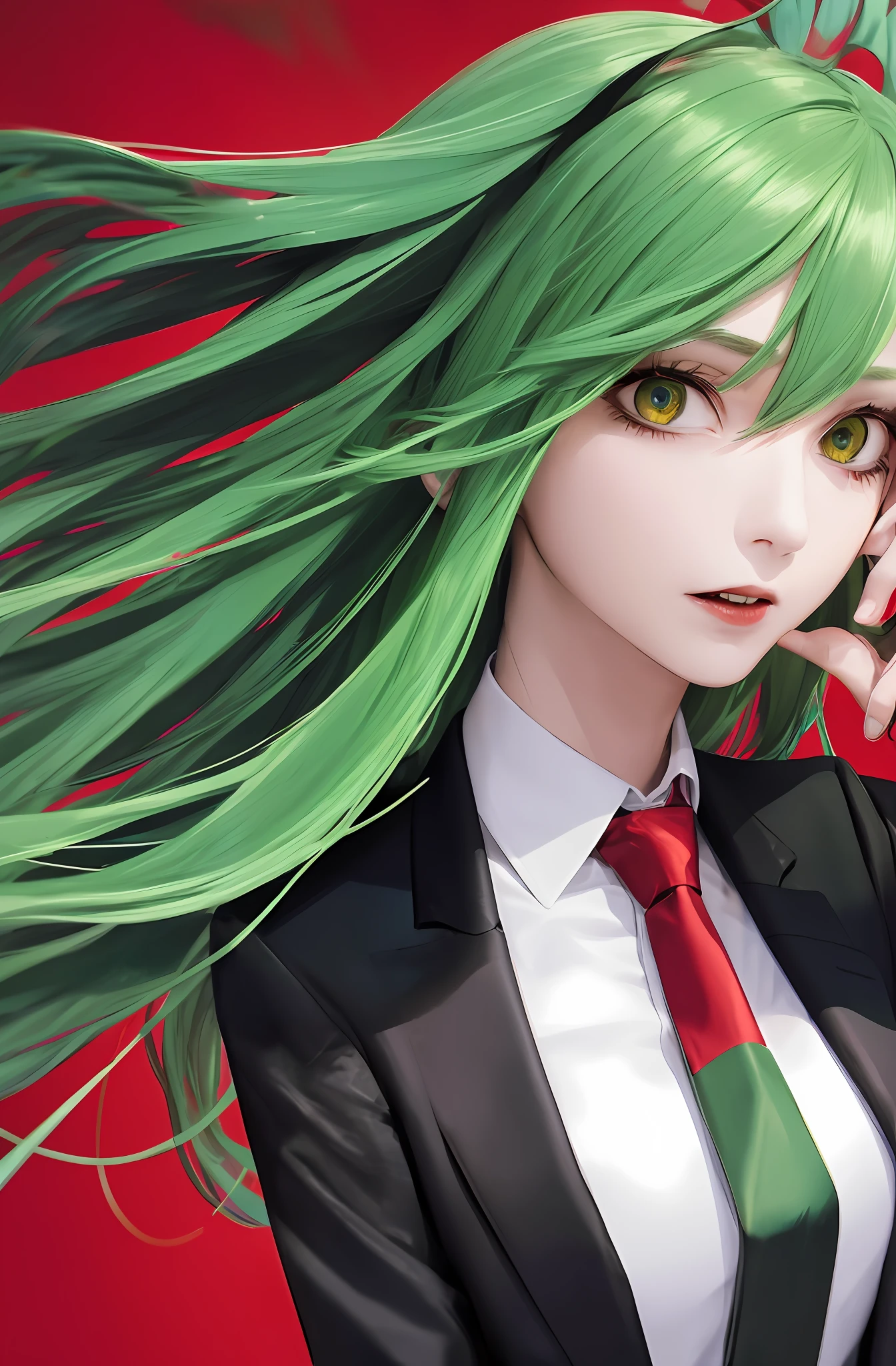 Best quality, masterpiece, upper body, woman, windblown green hair, shining eyes, wearing black tuxedo coat and red necktie,Vampire