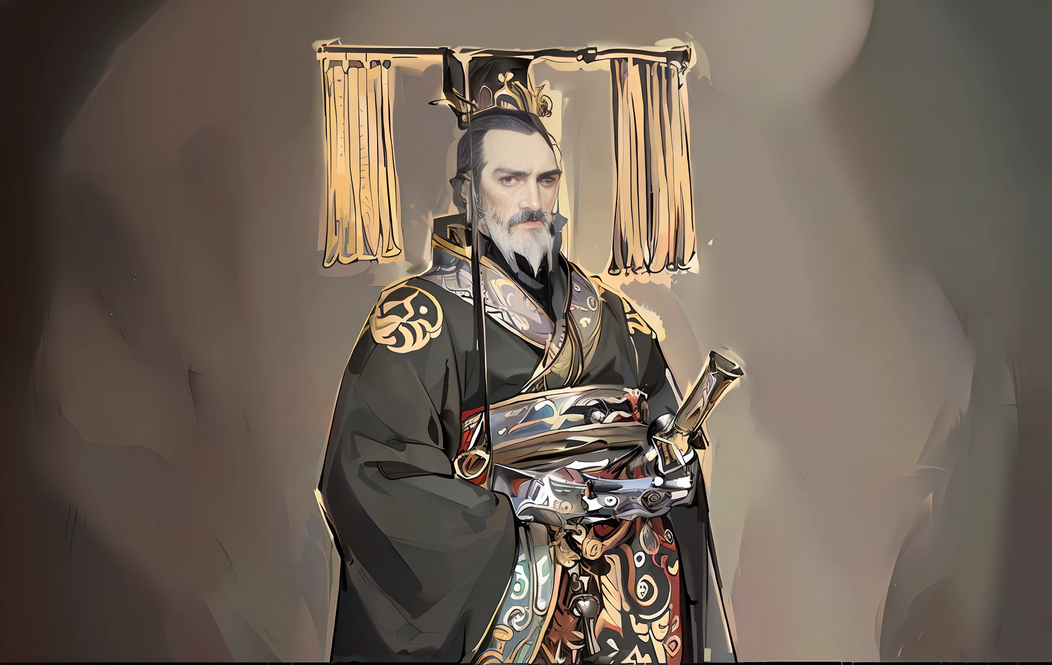 Emperor dressed in black, crown on his head, Edergard Flame Coat of Arms,