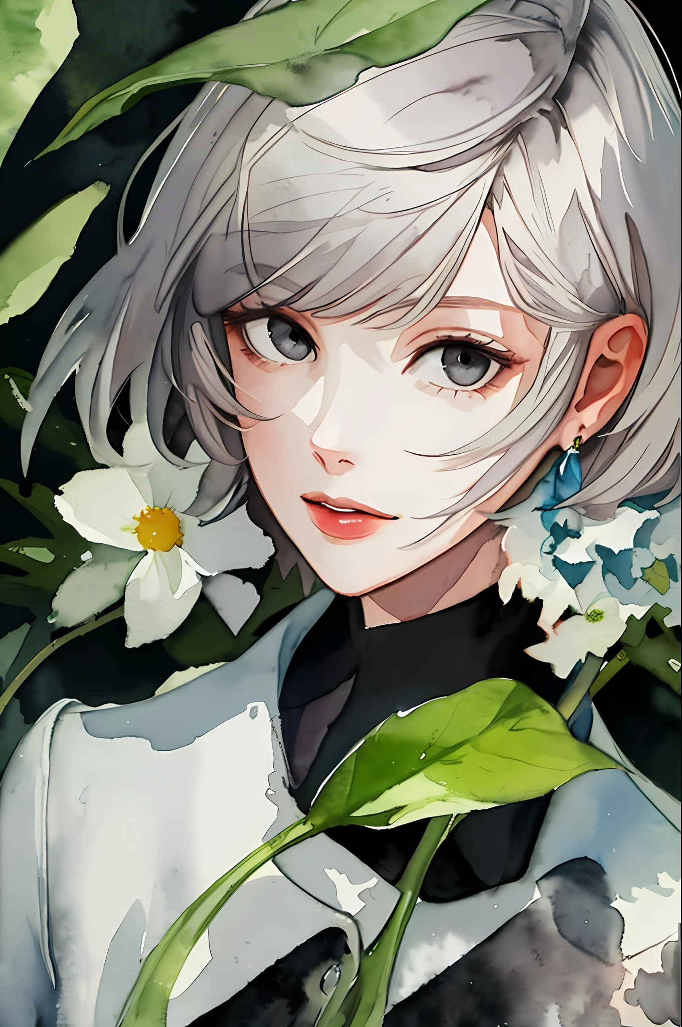 (watercolor:1.2),1girl, solo, flower, portrait, leaf, bangs, signature, short blude hair, long hair, black eyes, flower earrings.