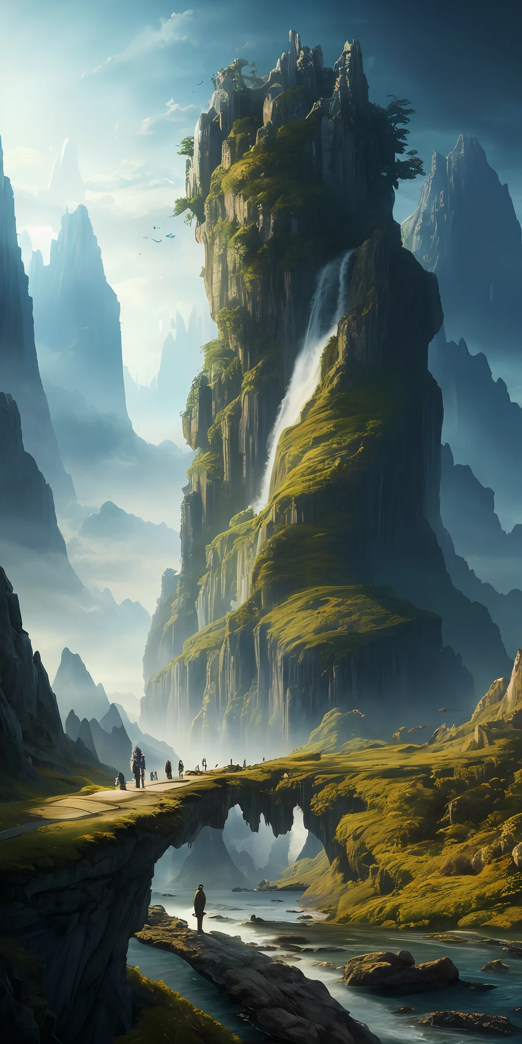 Masterpiece, best quality, high quality, extremely detailed CG unity 8k wallpaper, landscape, outdoor, sky, cloud, sky, no humans, mountain, landscape, water, tree, blue sky, waterfall, cliff, nature, lake, river , cloudy skies, award winning photography, bokeh, depth of field, HDR, bloom, chromatic aberration, photorealism, very detailed, trending on artstation, trending on CGsociety, intricate, high detail, dramatic, midjourney art