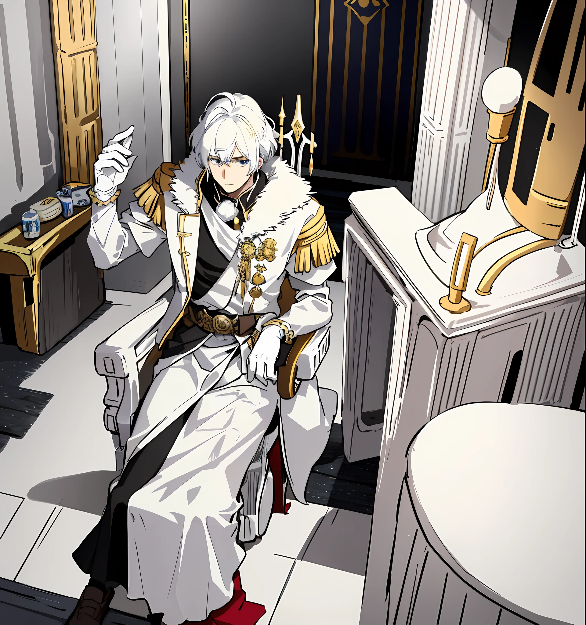 A old king, white hair, black eyes, sitting on the throne, imperial white clothing