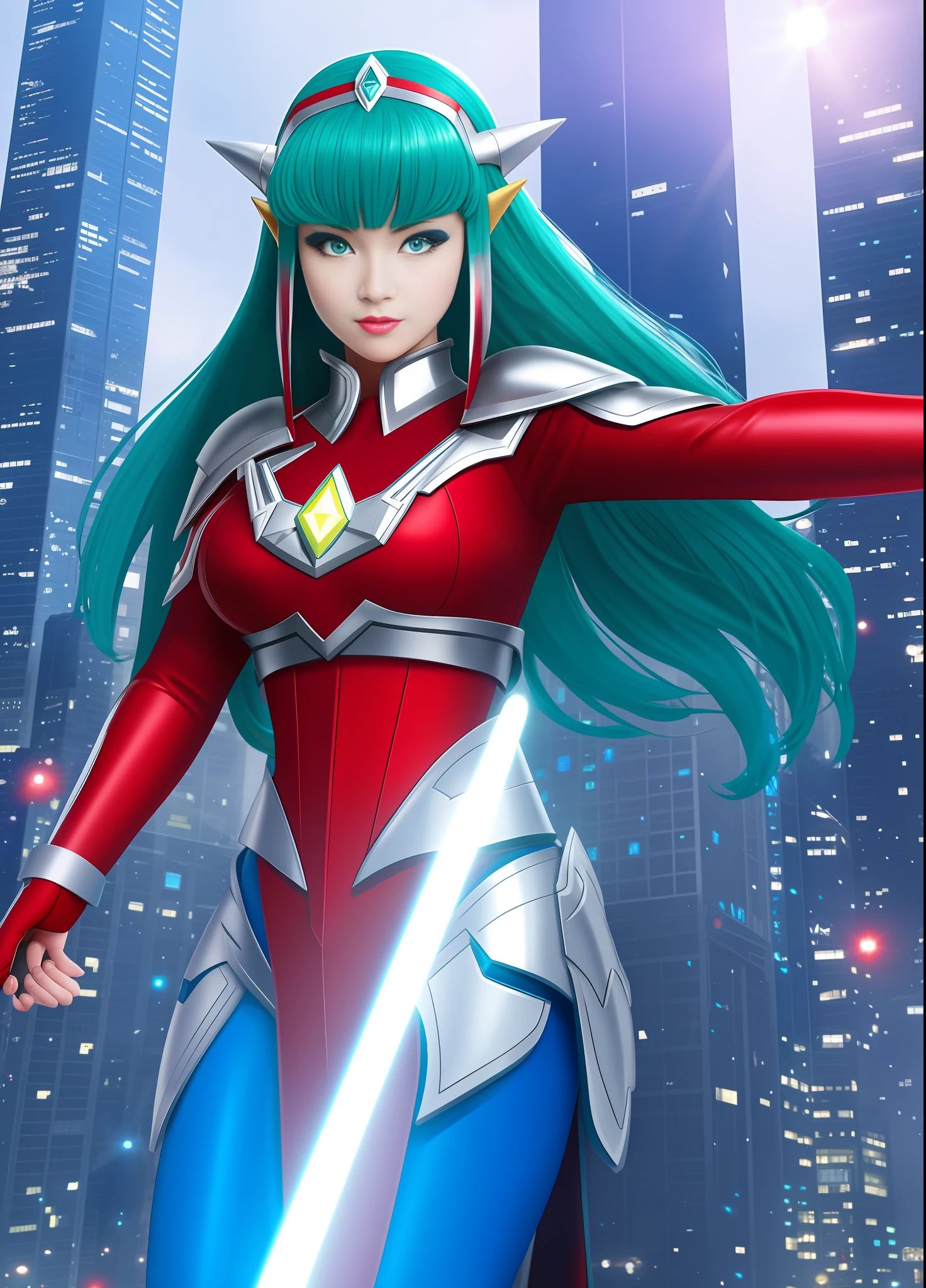 Full body image, standing, Princess Zelda giant, (red with silver costume:1.5), as Ultraman, immensely large breasts1, very tight body suit, heavy makeup on her face, light blue jewel on the breastplate, helmet on head, red lipstick on her mouth, (she green eyes:1.5, blue hair:1.5), Looking at the viewer from the front, rays of light behind, she is in a futuristic city with several monsters attacking the buildings, Tokusatsu, Ultraman, anime style, cinematic lighting, 16k, UHD, masterpiece, best quality, high details