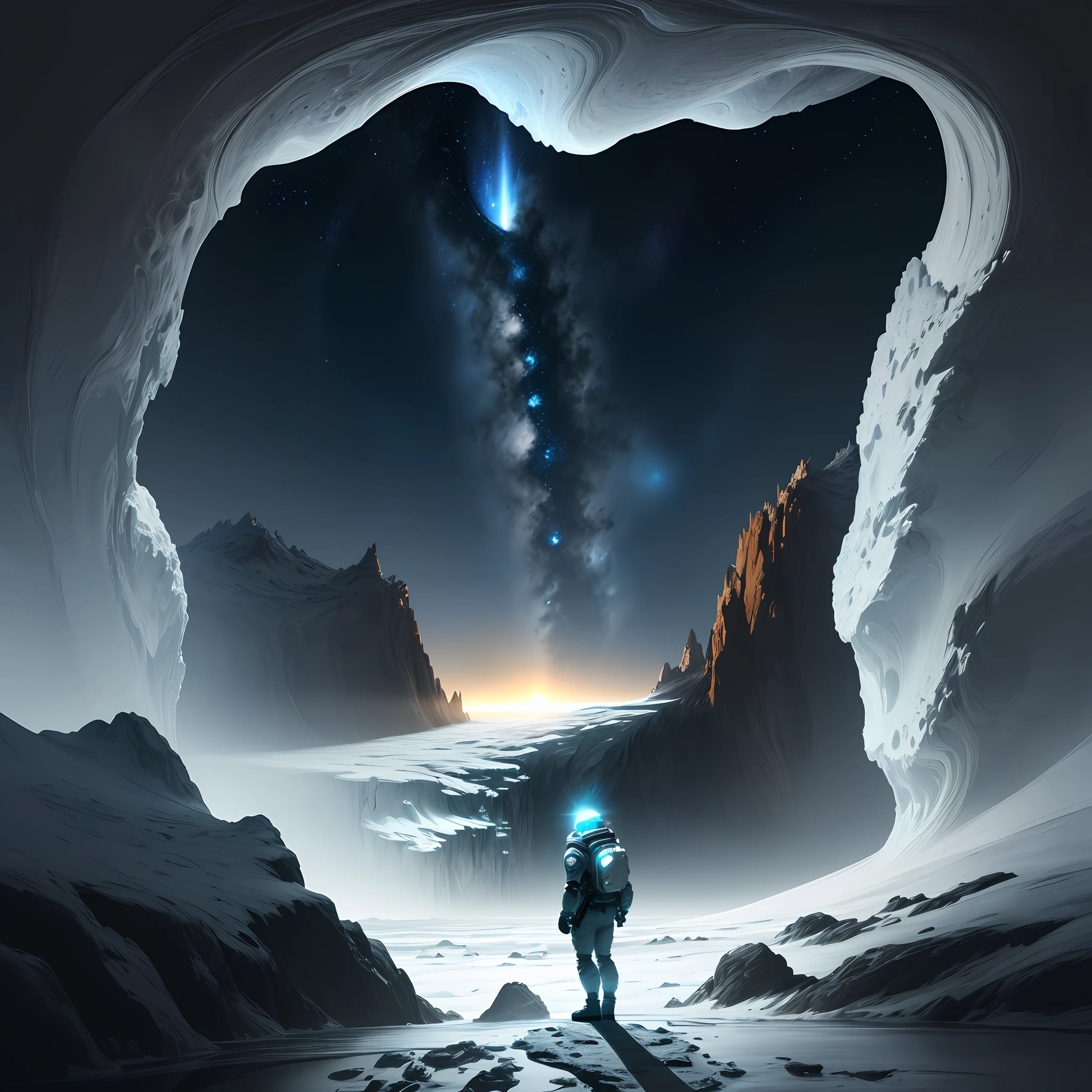 A character standing on the icy surface of Europa, one of Jupiter's moons, gazing up at the night sky and beholding the magnificent sight of Jupiter hanging prominently above. The character is an astronaut clad in a futuristic spacesuit, their face shield reflecting the awe-inspiring view before them. Europa's surface is dotted with jagged ice formations and faint glimmers of bioluminescent organisms, creating an otherworldly environment. The scene is bathed in the soft glow of Jupiter's light, casting a surreal illumination on the moon's icy terrain. The mood is one of wonder and curiosity, evoking a sense of exploration and the vastness of space. The style for this image is a realistic digital painting, executed with intricate brushwork and attention to detail, capturing the character's emotions and the cosmic beauty of the scene. --ar 16:9 --v 5