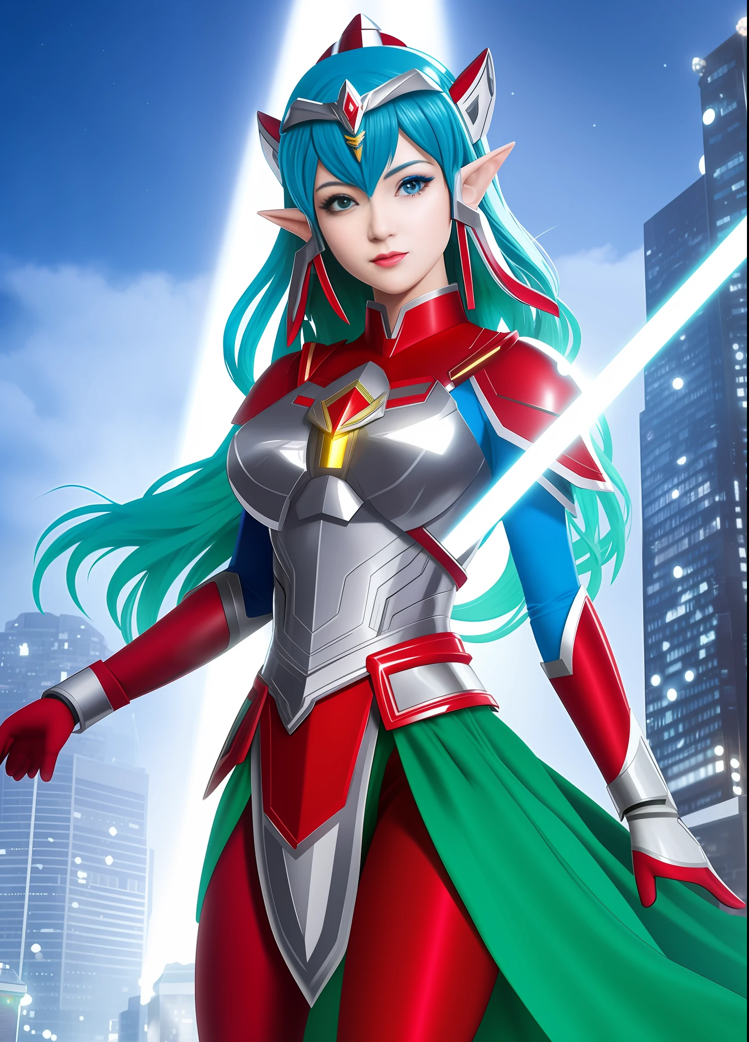 Full body image, standing, Princess Zelda giant, (red with silver costume:1.5), as Ultraman, immensely large breasts1, very tight body suit, heavy makeup on her face, light blue jewel on the breastplate, helmet on head, red lipstick on her mouth, (she green eyes:1.5, blue hair:1.5), Looking at the viewer from the front, rays of light behind, she is in a futuristic city with several monsters attacking the buildings, Tokusatsu, Ultraman, anime style, cinematic lighting, 16k, UHD, masterpiece, best quality, high details