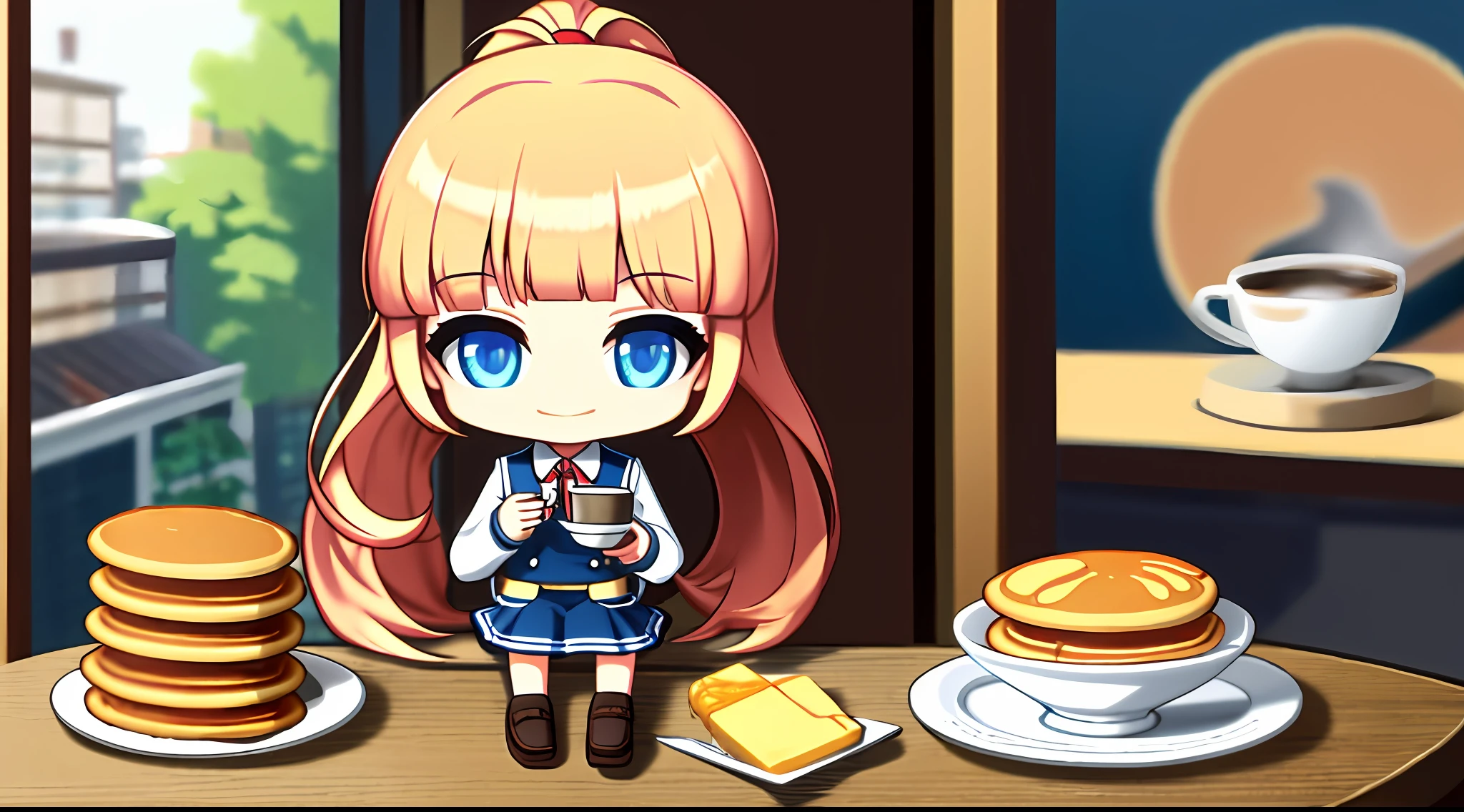 digital anime illustration, 8k, 4k,nsfw,chibi,food, smile, long hair, ponytail, indoors, golden hair, watch viewers, one girl, pancakes, coffee, plate, bangs, holding forks, long sleeve, solo, shirt, blue eyes, syrup, upper body, cup, white shirt, uniform, have fork, solo, focus, sitting, butter, table , subjective across the table
