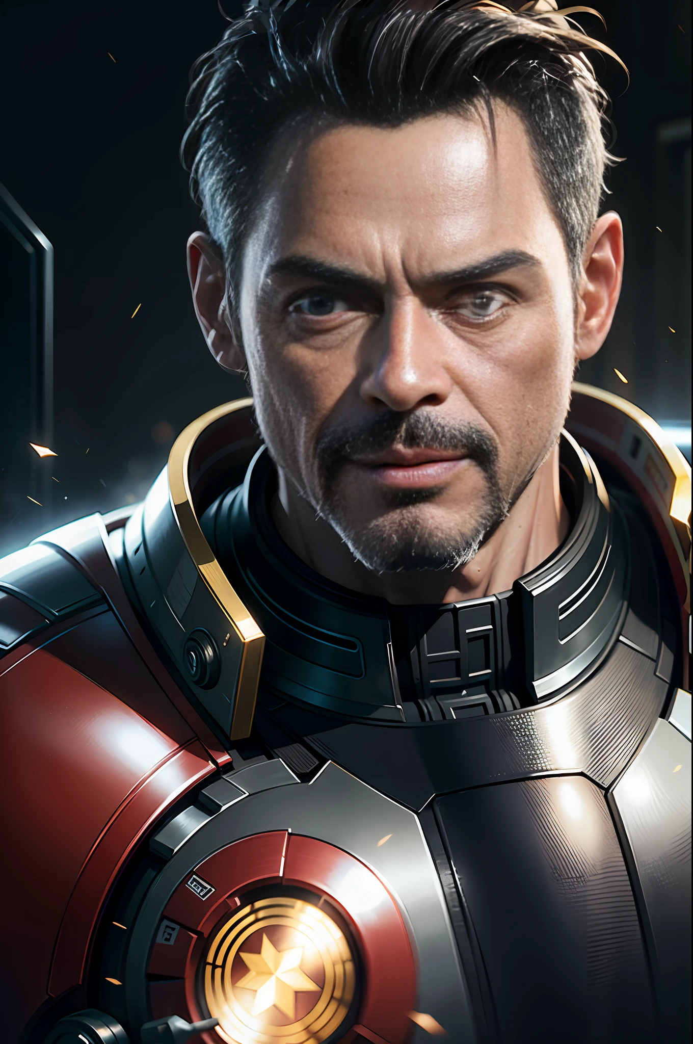 Marvel, Old man Tony Stark, realistically, dynamic lights, old, gray stubble, full shoot, (extremely detailed CG unity 8k wallpaper), trending on ArtStation, trending on CGSociety, High Detail, Sharp focus, dramatic, photorealistic