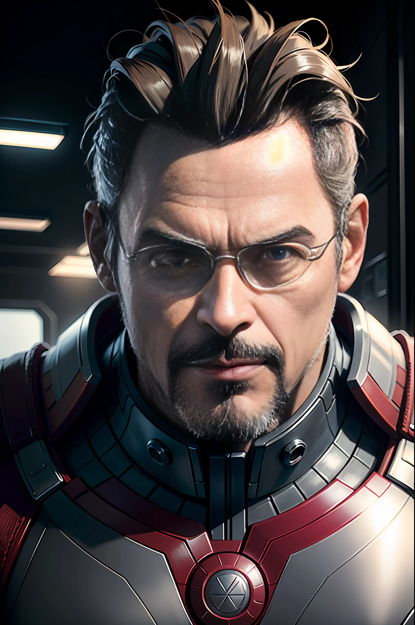 Marvel, Old man Tony Stark, realistically, dynamic lights, old, gray stubble, full shoot, (extremely detailed CG unity 8k wallpaper), trending on ArtStation, trending on CGSociety, High Detail, Sharp focus, dramatic, photorealistic