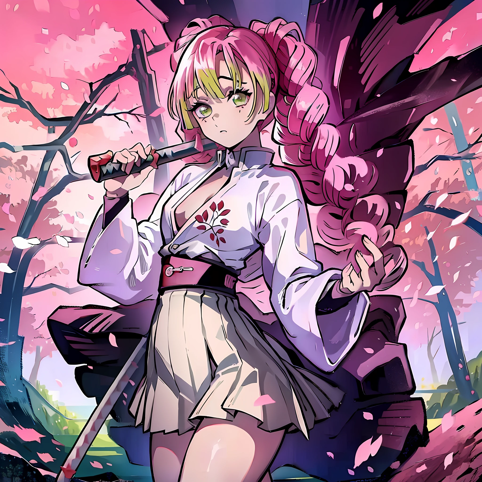 a girl in a sakura forest holding a katana, 1girl, beautyful, ultra detailed, kimetsu no yaiba, cute, solo, fullbody, good anatomy, standing, katana, beautyful body, sakura forest, beautyful legs, beautyful face, high quality, anime, beautyful background, beautyful, kimono, masterpiece, detailed hand, detailed legs, detailed face, detailed katana