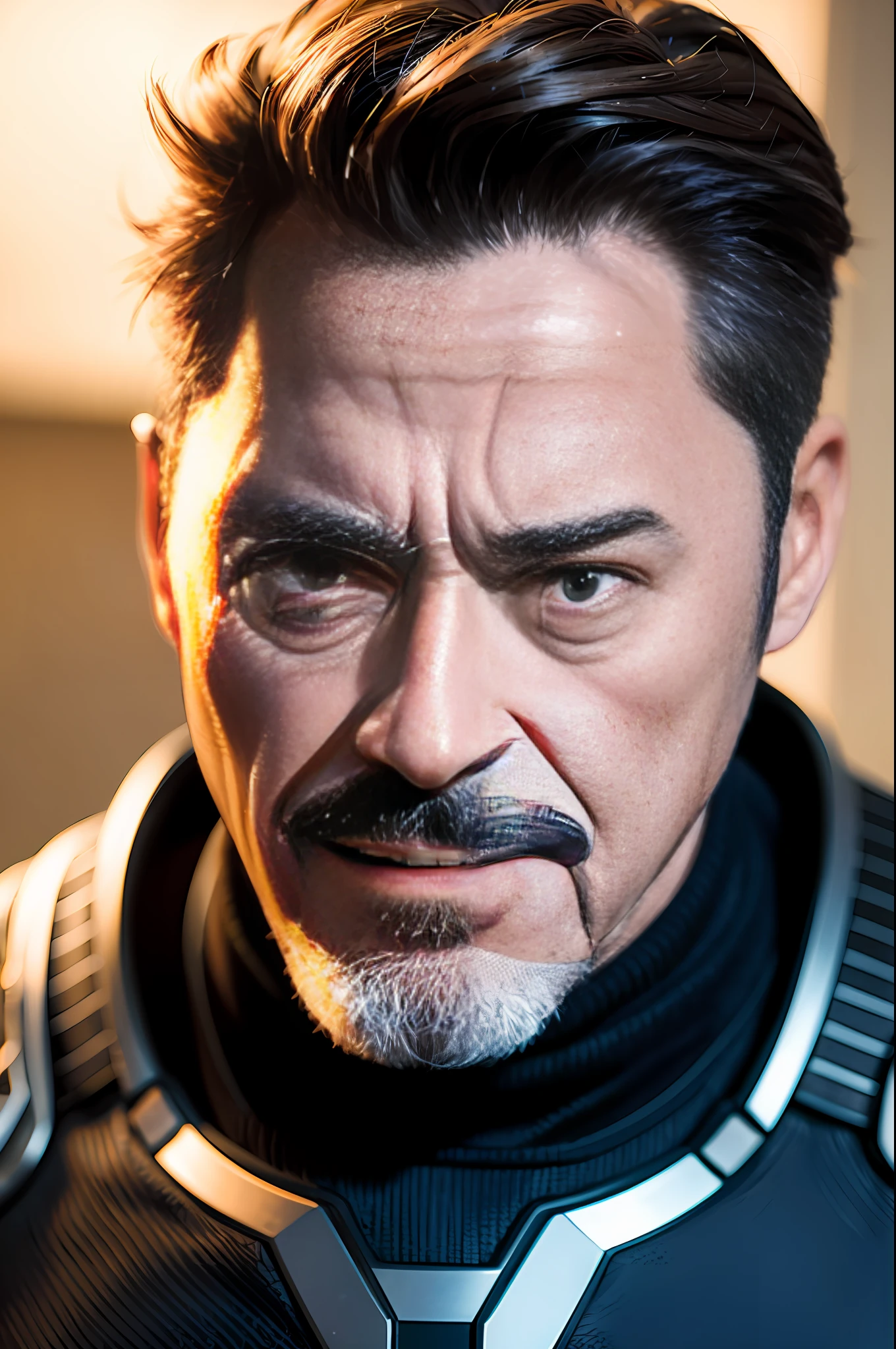 Marvel, Old man Tony Stark, realistically, dynamic lights, old, gray stubble, full shoot, (extremely detailed CG unity 8k wallpaper), trending on ArtStation, trending on CGSociety, High Detail, Sharp focus, dramatic, photorealistic