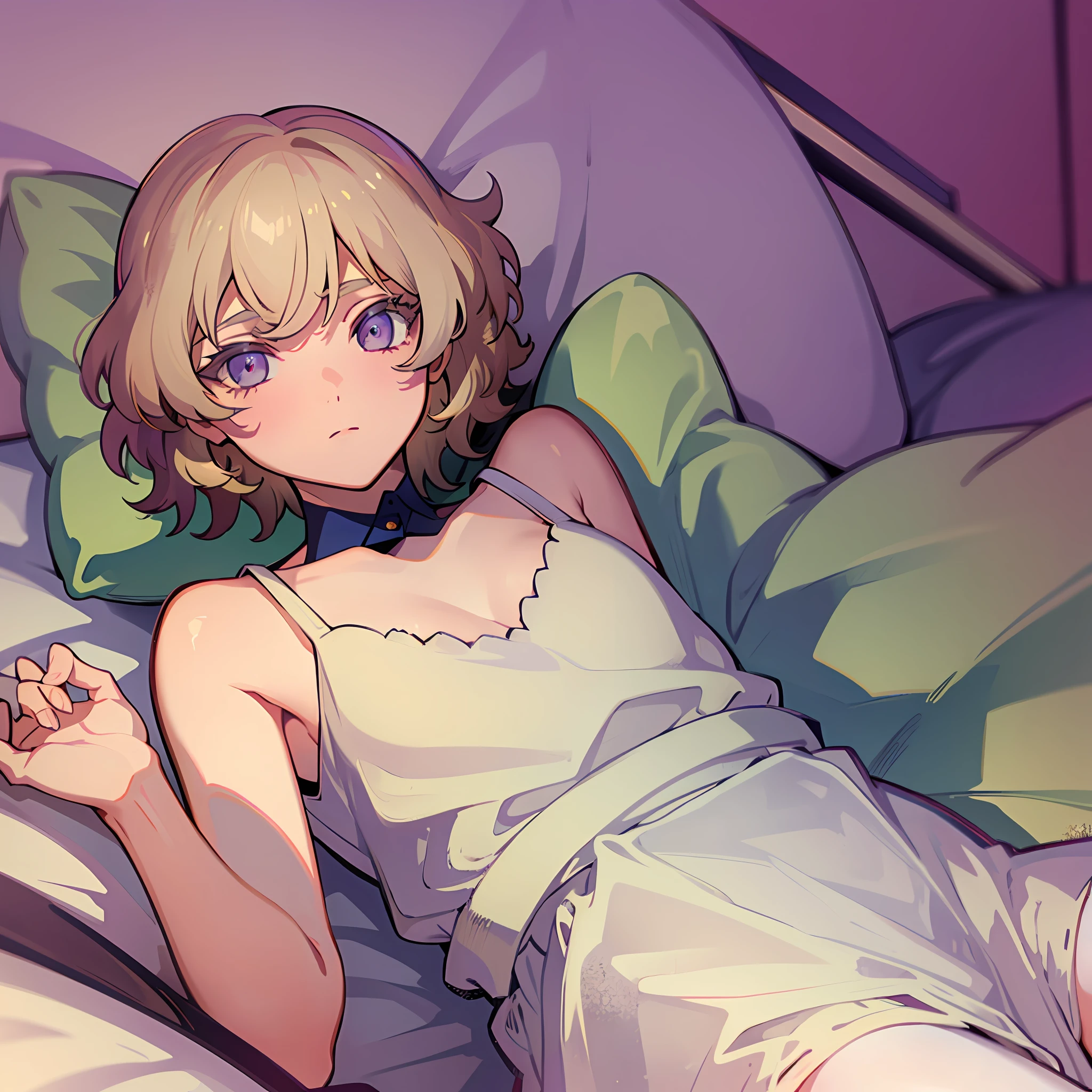 a girl laying down on a bed, 1girl, ultra detailed, high quality, indoors, bedroom, bed, cute, blushing, beautyful face, beautyful body, white dress, laying on her back, blonde hair, short hair, white stocking, beautyul legs, beautyful arms, detailed body