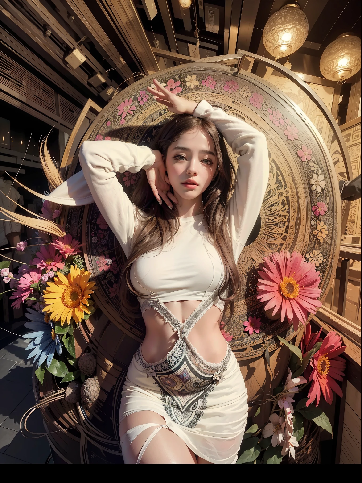 official art, unity 8k wallpaper, ultra detailed, beautiful and aesthetic, beautiful, masterpiece, best quality, (zentangle, mandala, tangle, entangle), (ecstasy of flower:1.2) dynamic angle, cowboyshot, the most beautiful form of chaos, elegant, a brutalist designed, vivid colours, romanticism, atmospheric
