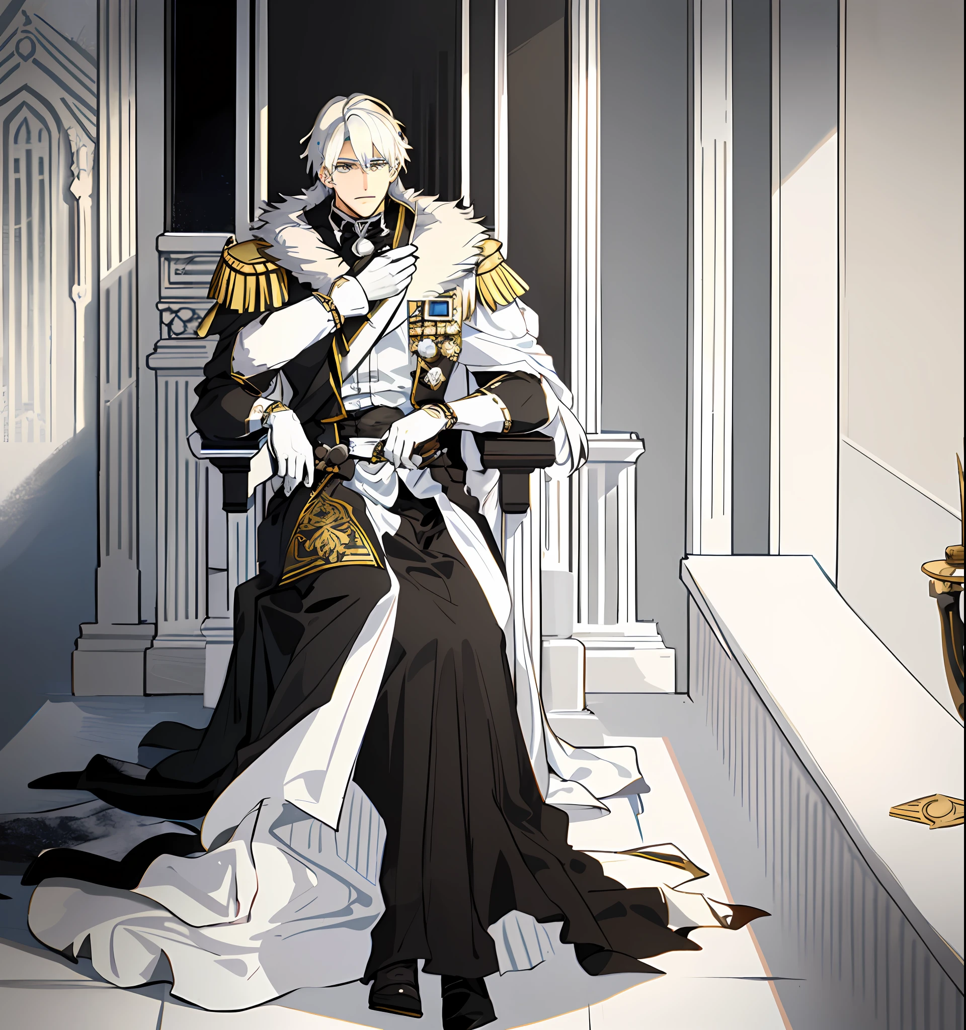 A old king, white hair, black eyes, sitting on the throne, imperial white clothing