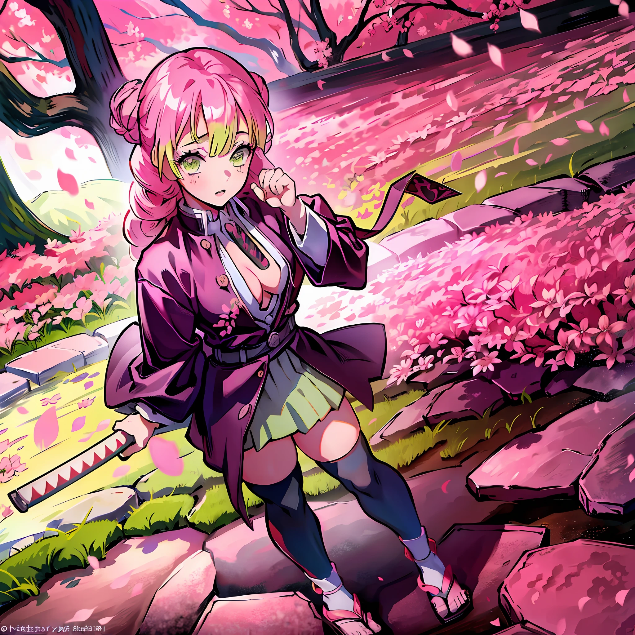 a girl in a sakura forest holding a katana, 1girl, beautyful, ultra detailed, kimetsu no yaiba, cute, solo, fullbody, good anatomy, standing, katana, beautyful body, sakura forest, beautyful legs, beautyful face, high quality, anime, beautyful background, beautyful, kimono, masterpiece, detailed hand, detailed legs, detailed face, detailed katana