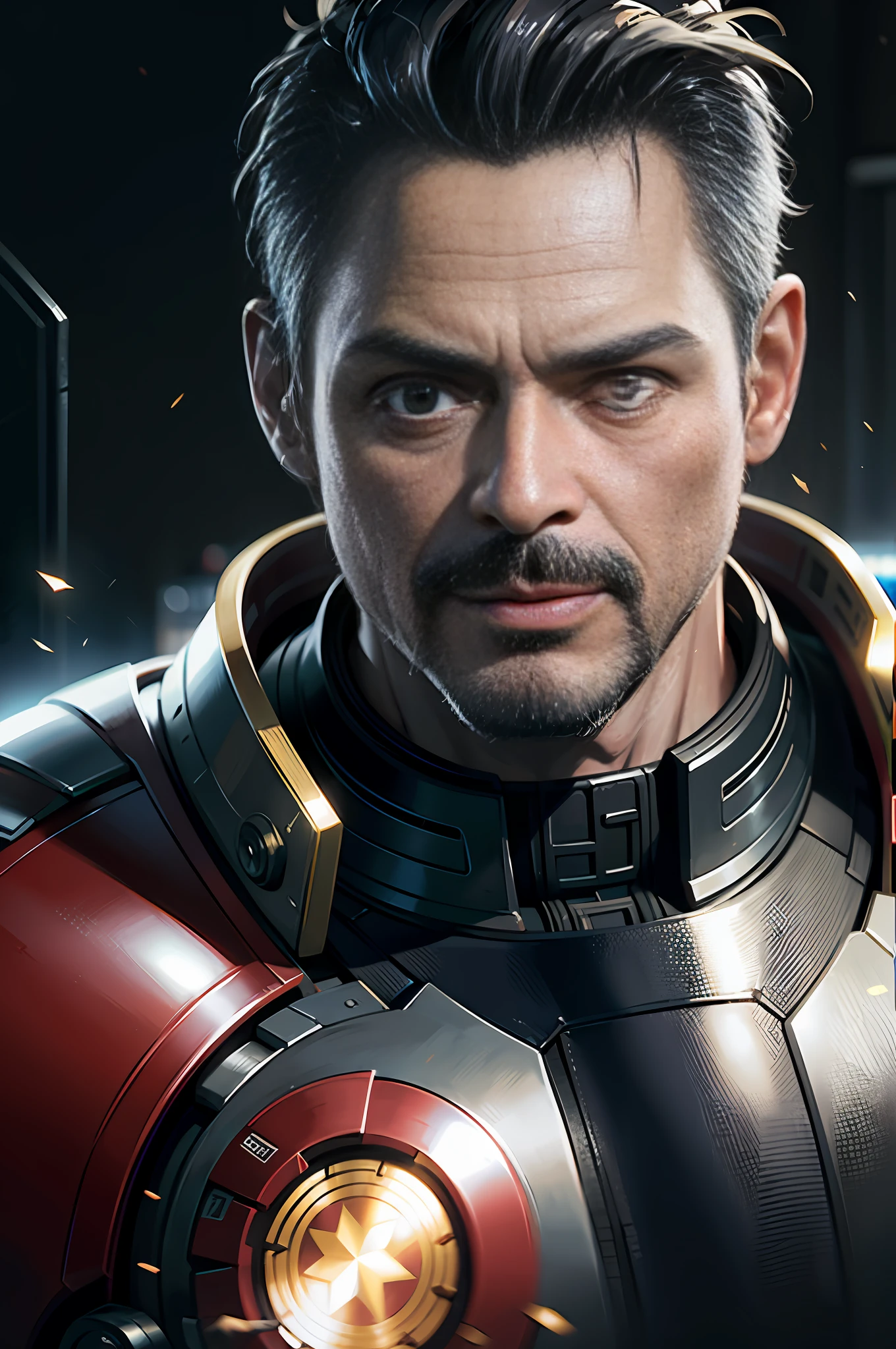 Marvel, Old man Tony Stark, realistically, dynamic lights, old, gray stubble, full shoot, (extremely detailed CG unity 8k wallpaper), trending on ArtStation, trending on CGSociety, High Detail, Sharp focus, dramatic, photorealistic