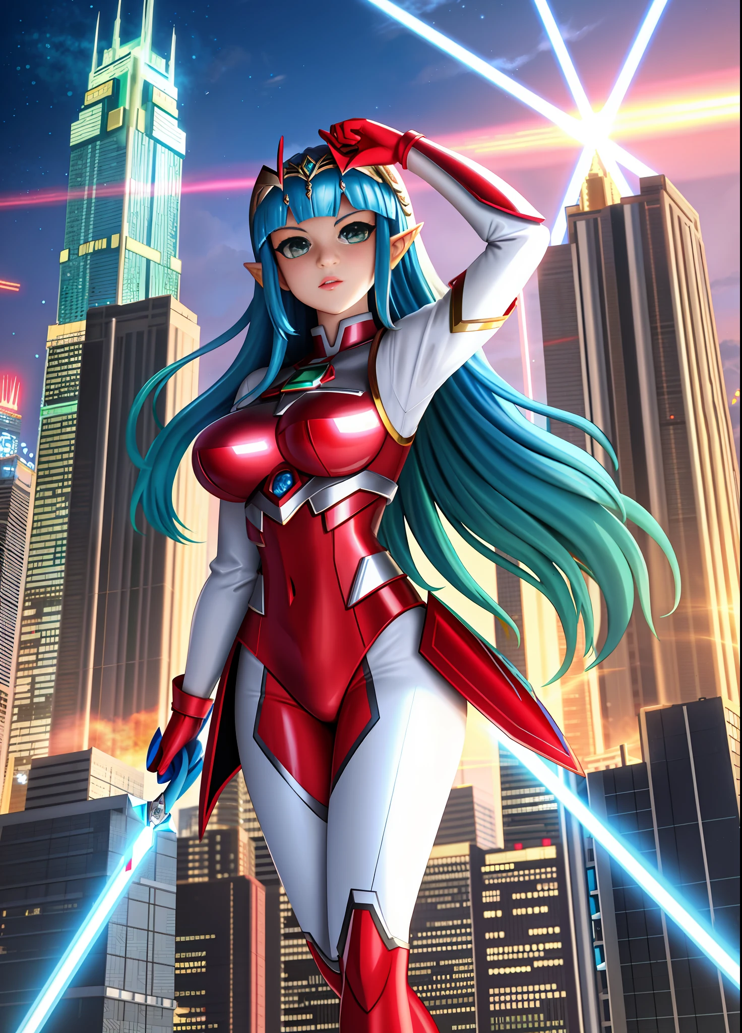 Full body image, standing, Princess Zelda giant, (red with silver costume:1.5), as Ultraman, immensely large breasts1, very tight body suit, heavy makeup on her face, light blue jewel on the breastplate, helmet on head, red lipstick on her mouth, (she green eyes:1.5, blue hair:1.5), Looking at the viewer from the front, rays of light behind, she is in a futuristic city with several monsters attacking the buildings, Tokusatsu, Ultraman, anime style, cinematic lighting, 16k, UHD, masterpiece, best quality, high details