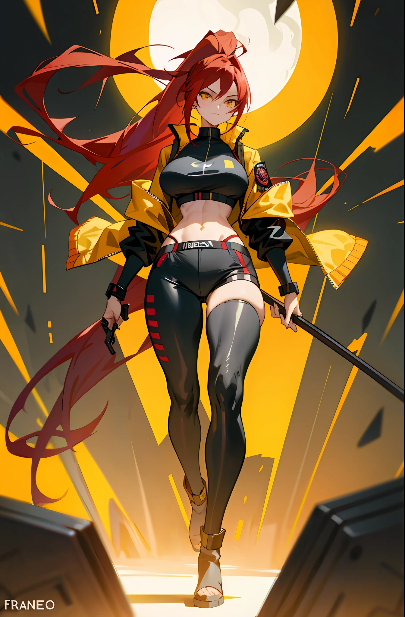 Beautiful_woman anime_girl masterpiece cyberpunk_outfit red_hair yellow_eyes long_ponytail_of_akali_from_league_of_legends one_sided_fringed_hair eye_right_with_cyberware yellow_jacket francotirador de red_scythe cyberpunk big_breast Thicc big_hips Alto big_legs black_top neckline yellow_jacket two_pieces_of_cloth front_view tatto_in_the_left_arm tatto_in_the_left_leg tatto_in_the_left_leg perfect_body one_legged_pants muscular_abdomen ass_big big_hips long_boots open_top_neckline fleco_de_un_solo_lado mature_woman 21_years_old showing_boobs
