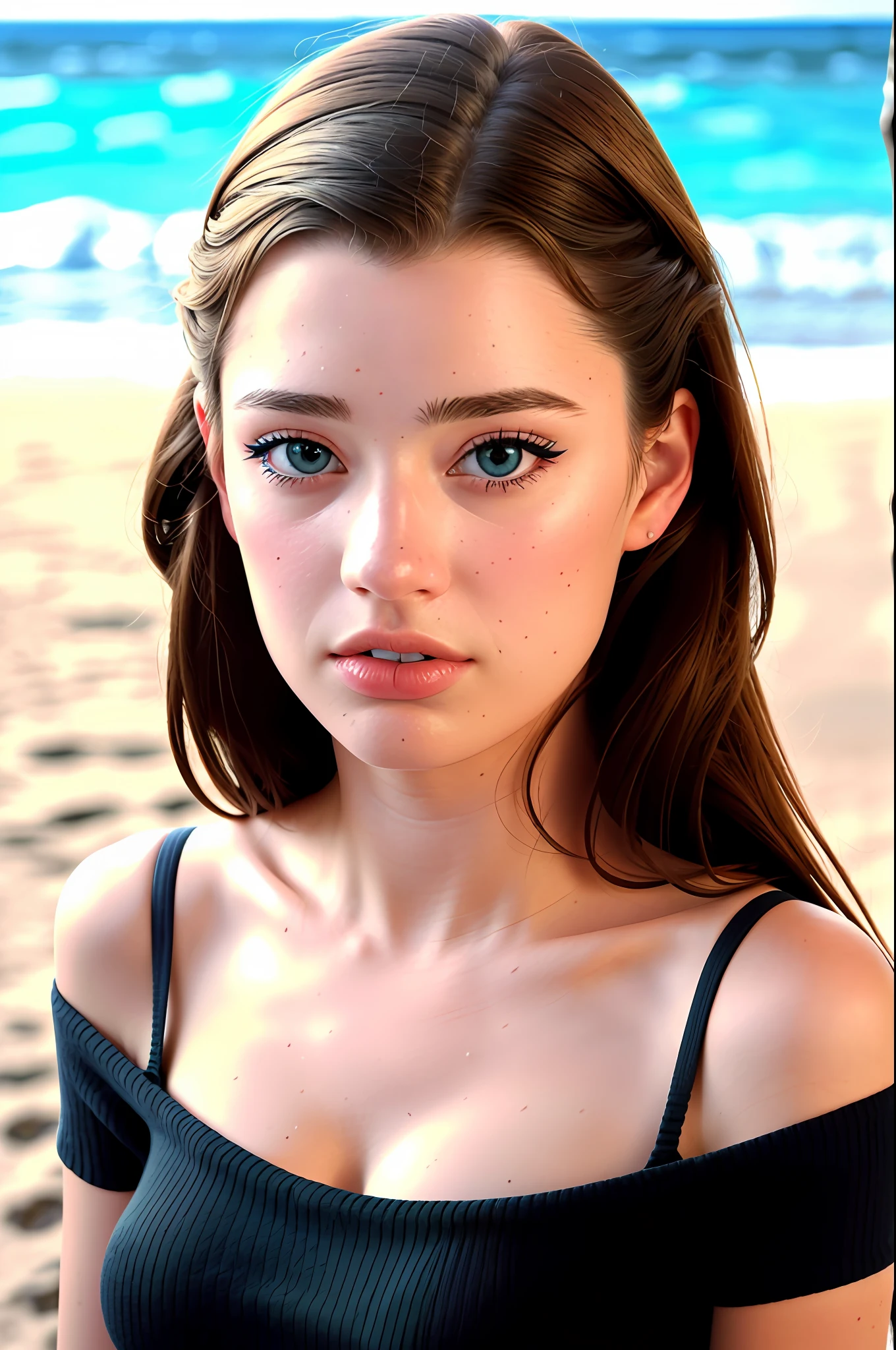 a beautiful young woman staring at you on the beach, midnight, dark skies, conservative black dress, white knitted sweater, [heterochromia, brown eye, blue eye], [smiling], (candid, amateur), cold knight, (raw, 8k, uhd, fujifilm xt3),