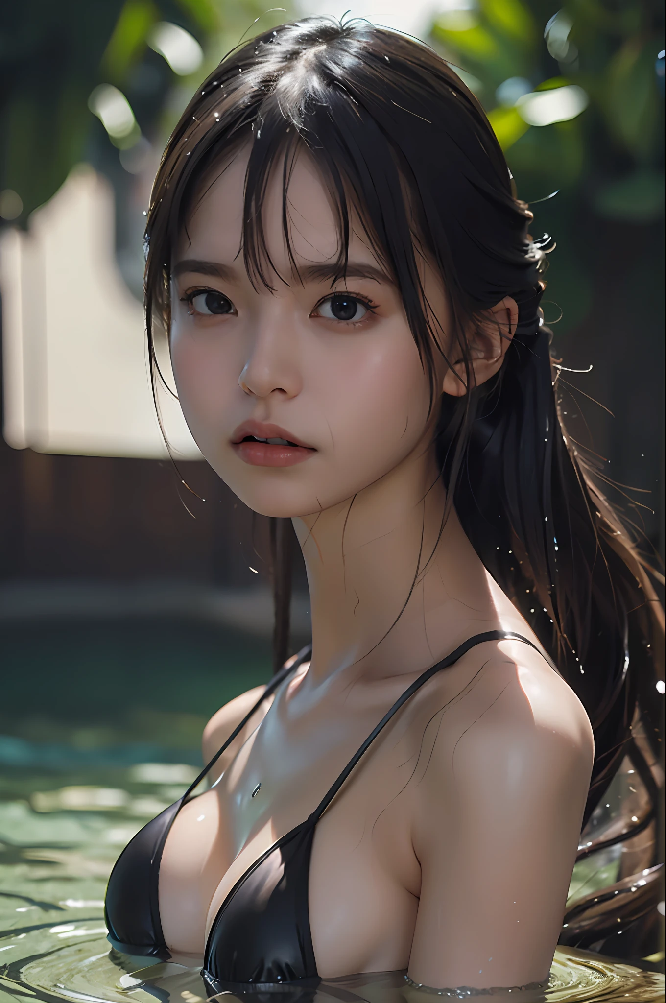 Top Quality, Masterpiece, Ultra High Definition, (Photorealistic: 1.4), Raw Photo, 1 Girl, Glossy Skin, WET BODY, Dramatic Lighting, Full Body, Black Bikini, Colossal, Nipples, Gal, Tan