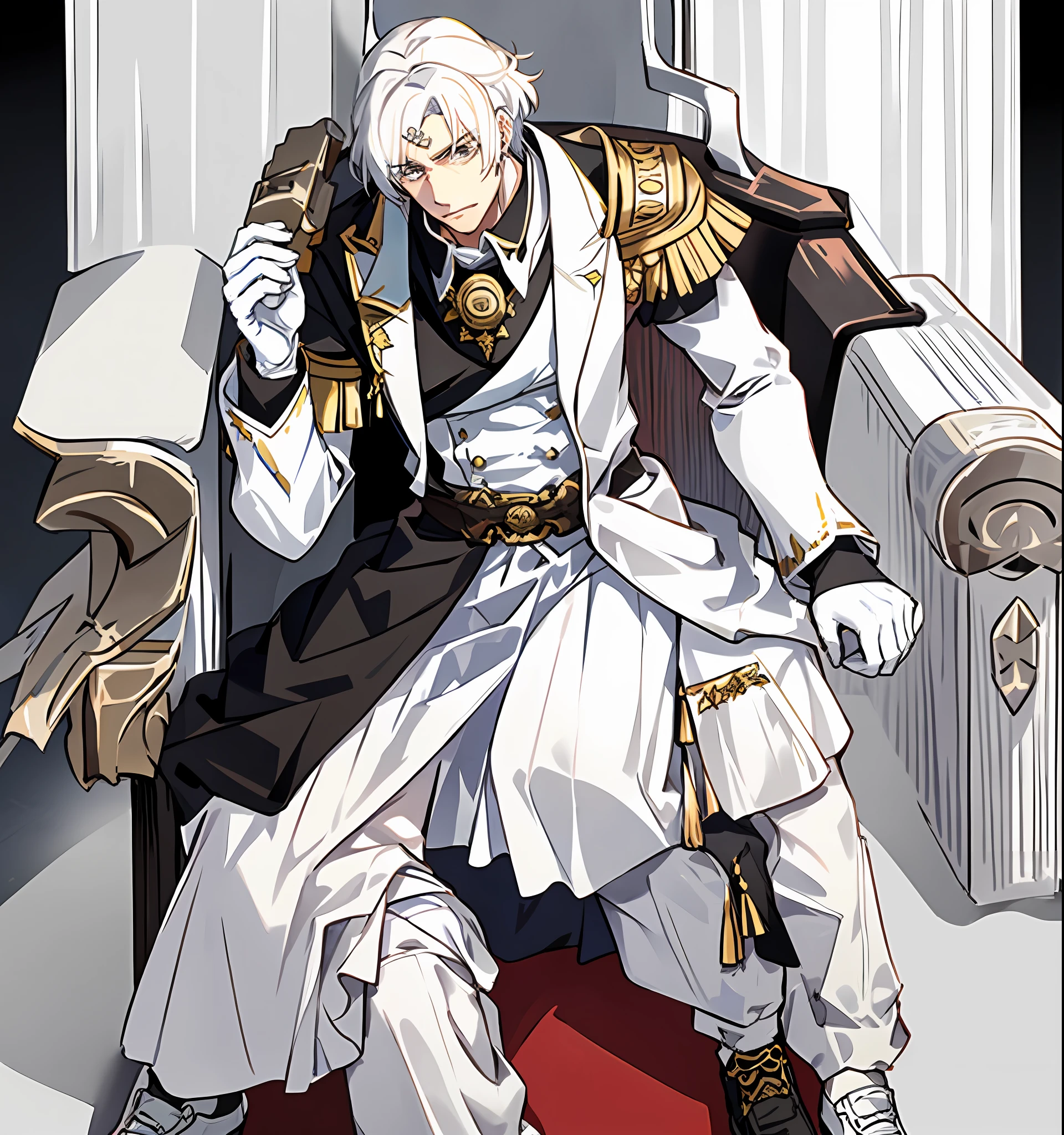 A old king, white hair, black eyes, sitting on the throne, imperial white clothing, short legging