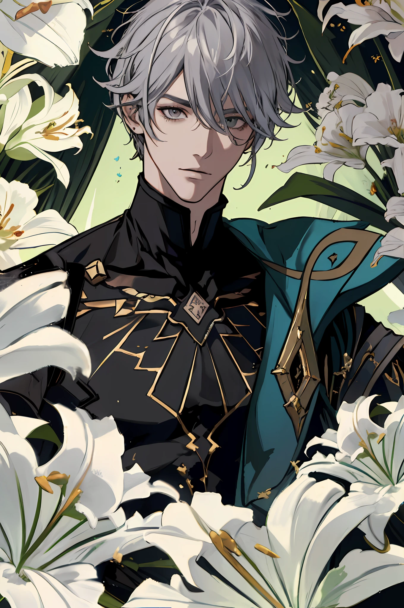 alhaitham genshin impact, 1male, grey hair, portrait in lily flowers, huge flowers, white lilies, (absurdres, highres, ultra detailed), 1 male, handsome, tall muscular guy, best ratio four finger and one thumb, best light and shadow, depth of field