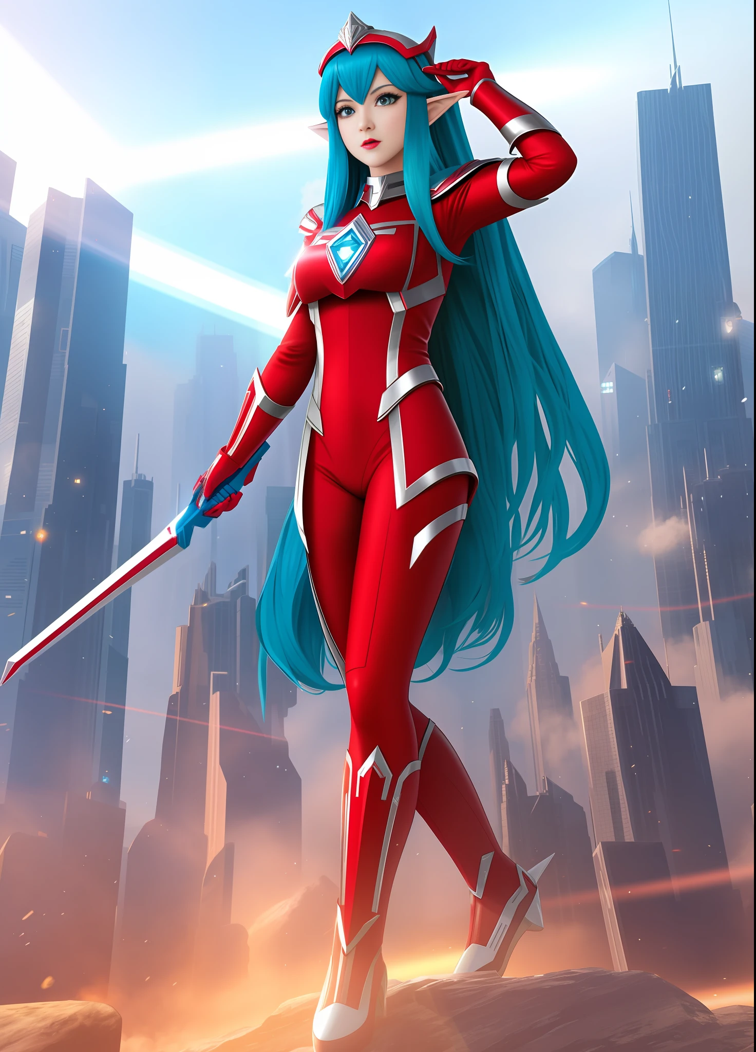 Full body image, standing, Princess Zelda giant, (red with silver costume:1.5), as Ultraman, immensely large breasts1, very tight body suit, heavy makeup on her face, light blue jewel on the breastplate, helmet on head, red lipstick on her mouth, (she green eyes:1.5, blue hair:1.5), Looking at the viewer from the front, rays of light behind she is in a futuristic city with several monsters attacking the buildings, Tokusatsu, Ultraman, anime style, cinematic lighting, 16k, UHD, masterpiece, best quality, high details