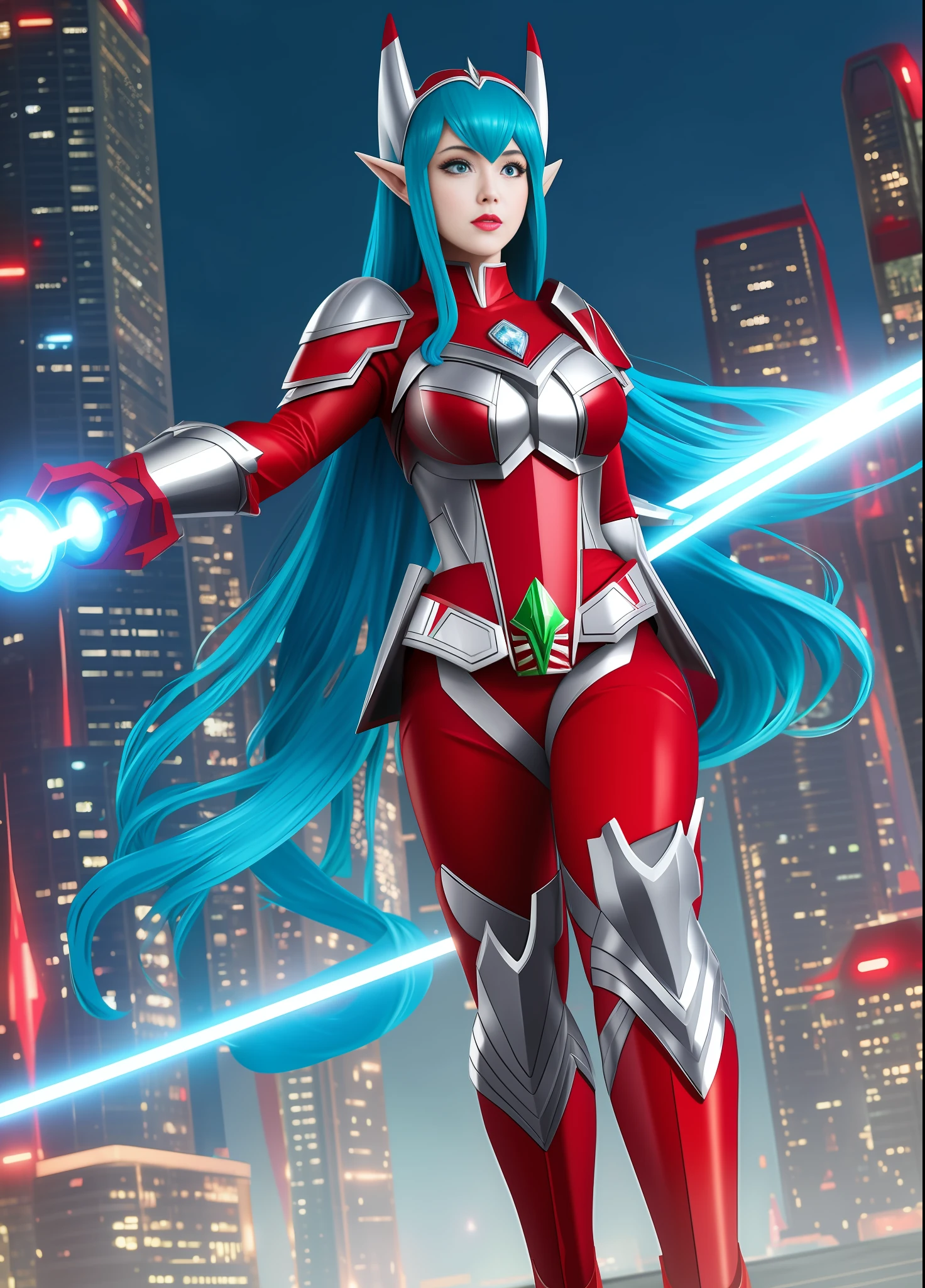 Full body image, standing, Princess Zelda giant, (red with silver costume:1.5), as Ultraman, immensely large breasts1, very tight body suit, heavy makeup on her face, light blue jewel on the breastplate, helmet on head, red lipstick on her mouth, (she green eyes:1.5, blue hair:1.5), Looking at the viewer from the front, she is in a futuristic city with several monsters attacking the buildings, Tokusatsu, Ultraman, anime style, cinematic lighting, 16k, UHD, masterpiece, best quality, high details