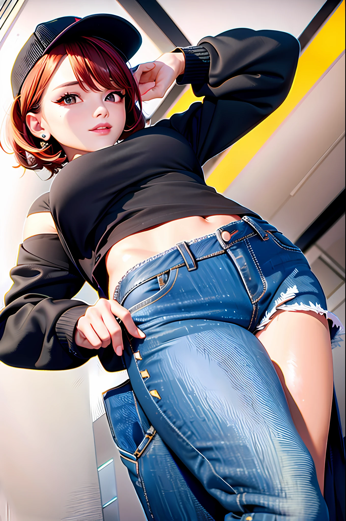 One girl, with large breasts (realistic style, bright colors), dynamic, playful, with a bustling center, wearing a combination of (tomboy: 1.3), fashionable (slip dress: 1.2, short jeans: 1.5), chic style (short blonde: 1.2). (Peak cap: 0.9). black hair with red highlights, red eyes, ruffled shirt,