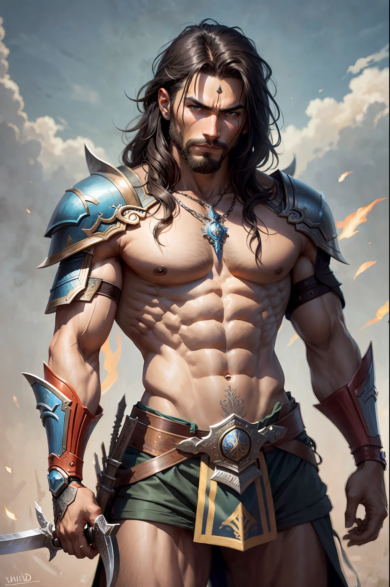 A warrior man with a large sword in his hands, vivid colors, intricate details