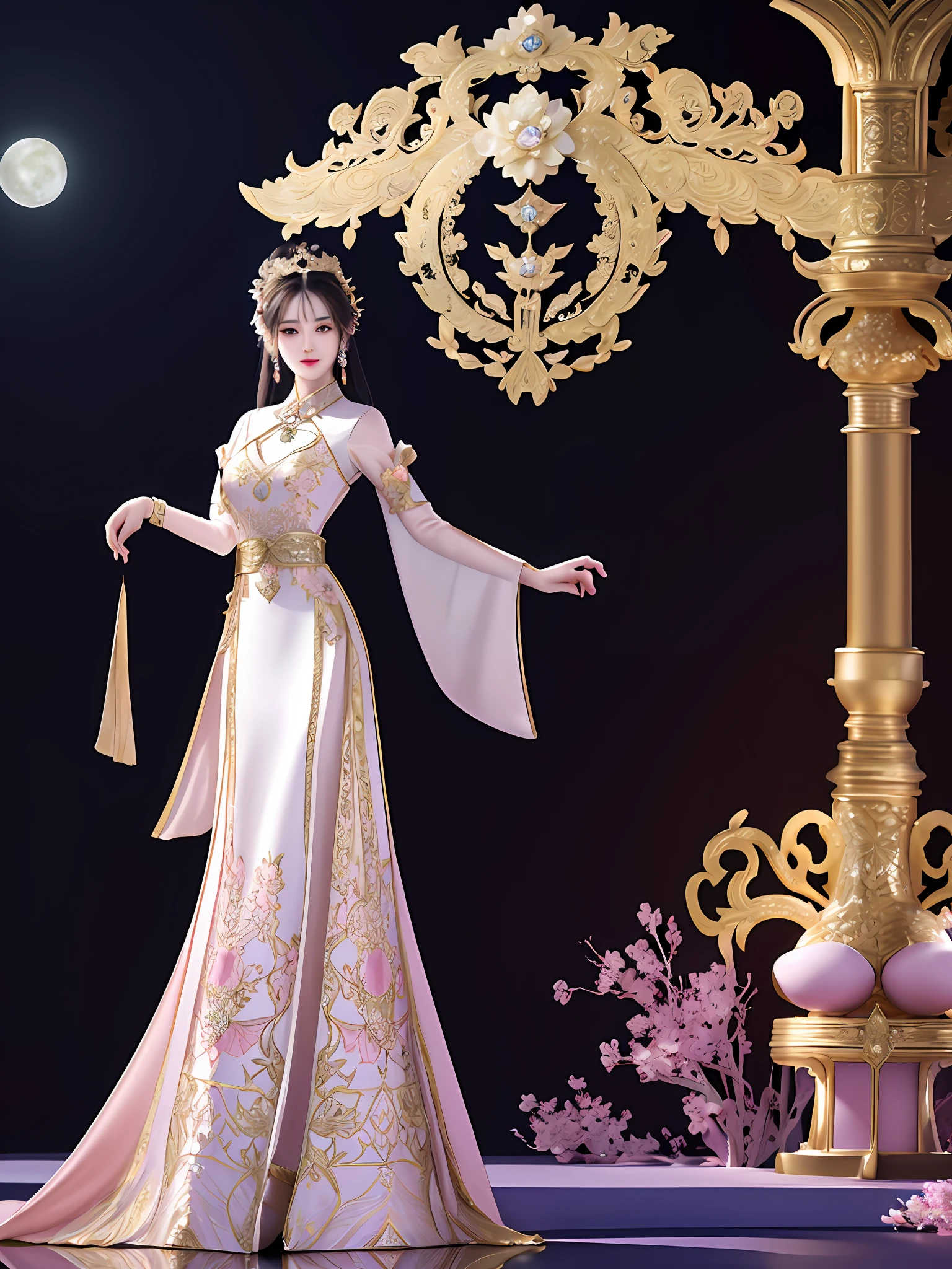 There is an elegant woman, wearing a dress with a necklace, graceful and luxurious, complex fantasy dress, very detailed and rich clothing, royal elegant costume, moon-themed costume, detailed dress, complex costume, exquisite clothing, cheongsam, gorgeous costume, pink flower pattern dress, complex and elegant fantasy style clothing, complex dress, Hanfu, gold silk belt
