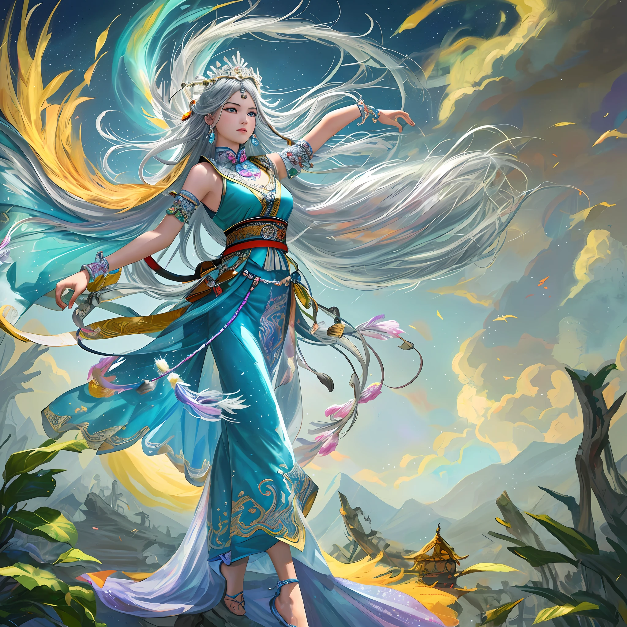 Looking up, correct viewing angle, best texture, high quality, ultra HD, 8K, colorful flowers, dancing Miao girl, full of Miao silver jewelry, Miao clothing, silver phoenix crown, melon seed face, ultra-detailed face, blue eyes, long eyebrows, fair skin, black long hair, flowing long hair, rising with the wind, dreamy, colorful gifts, various colors of floral background, realistic, very detailed, high detail, ultra-clear,