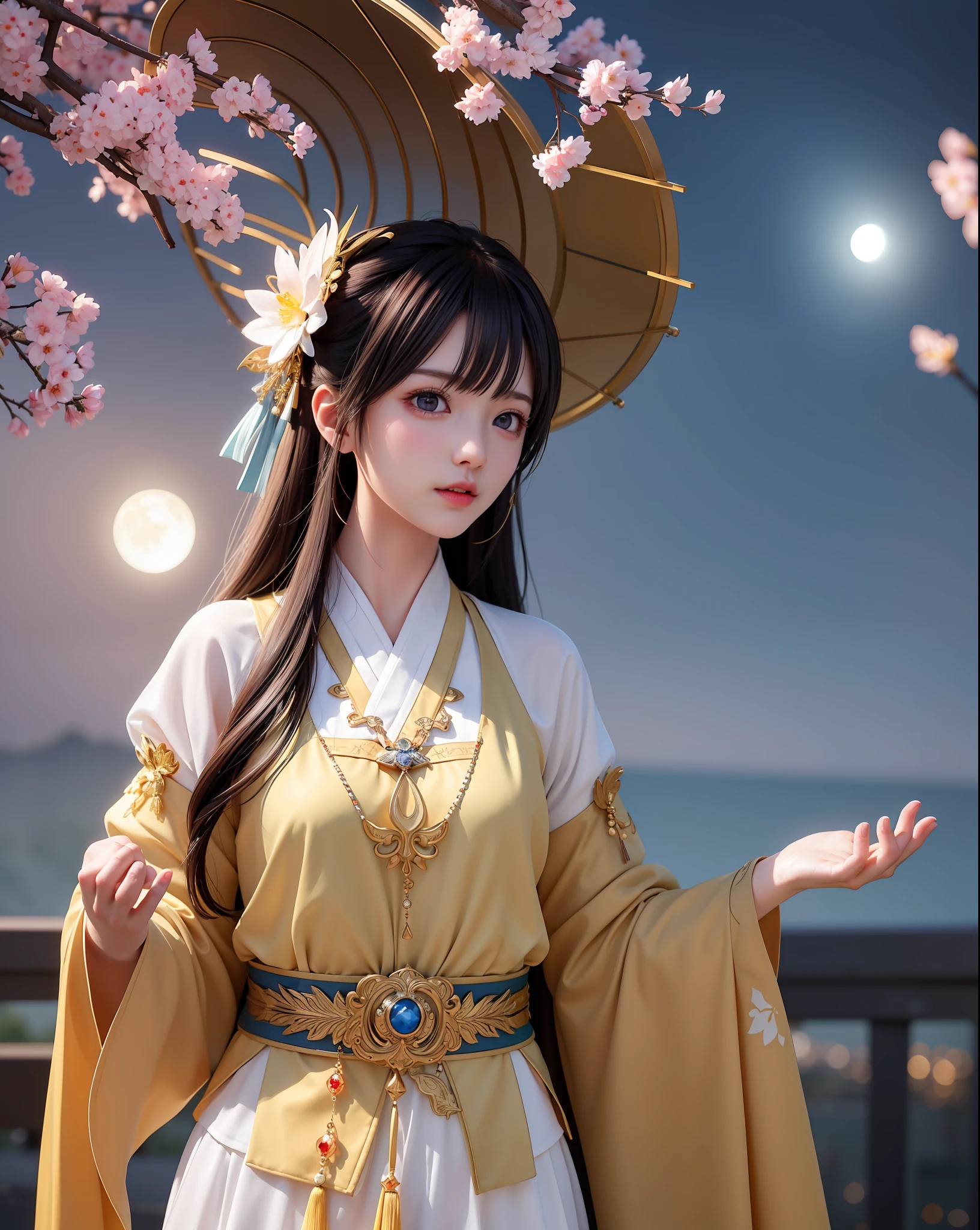(8k, RAW photo:1.2), best quality, ultra high res,dramatic angle,(fluttered detailed color splashs), (illustration),(((1 girl))),(long hair),(rain:0.9), (头饰:1.4),少女身边有一座古宫,汉服,(重点),彩色水墨画,(泼彩),泼彩,(((colorful))),(素描:0.8) , Masterpiece, best quality, beautiful painted, highly detailed,(denoising:0.6),[splash ink],((ink refraction)), (beautiful detailed sky),moon,highly,detaild,(masterpiece, best quality, extremely detailed） CG unity 8k壁纸，杰作，最好的质量，超详细），（石蒜），