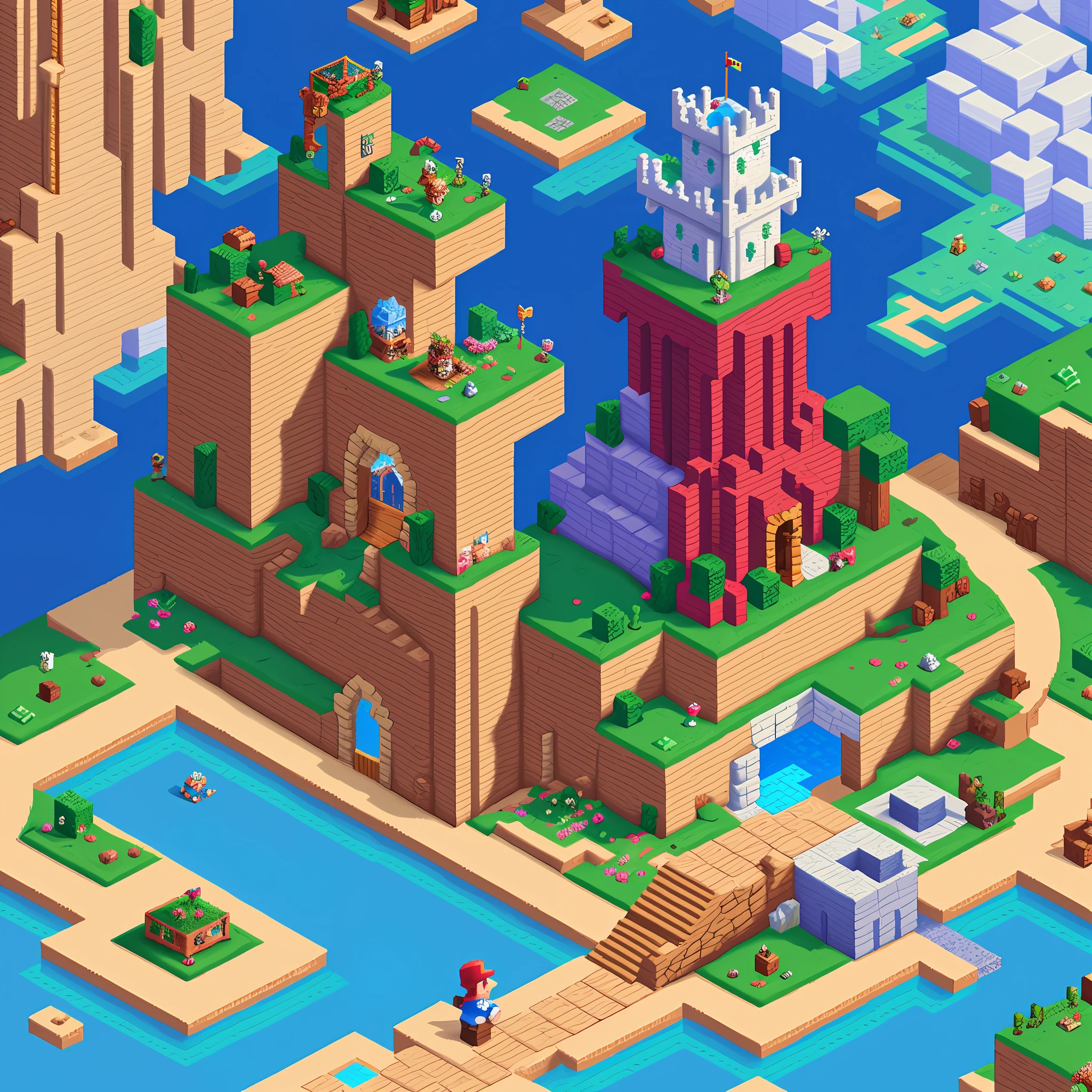 32-bit pixel art, Super Mario, Rescue Princess, Sky Castle, Minecraft style, looking up