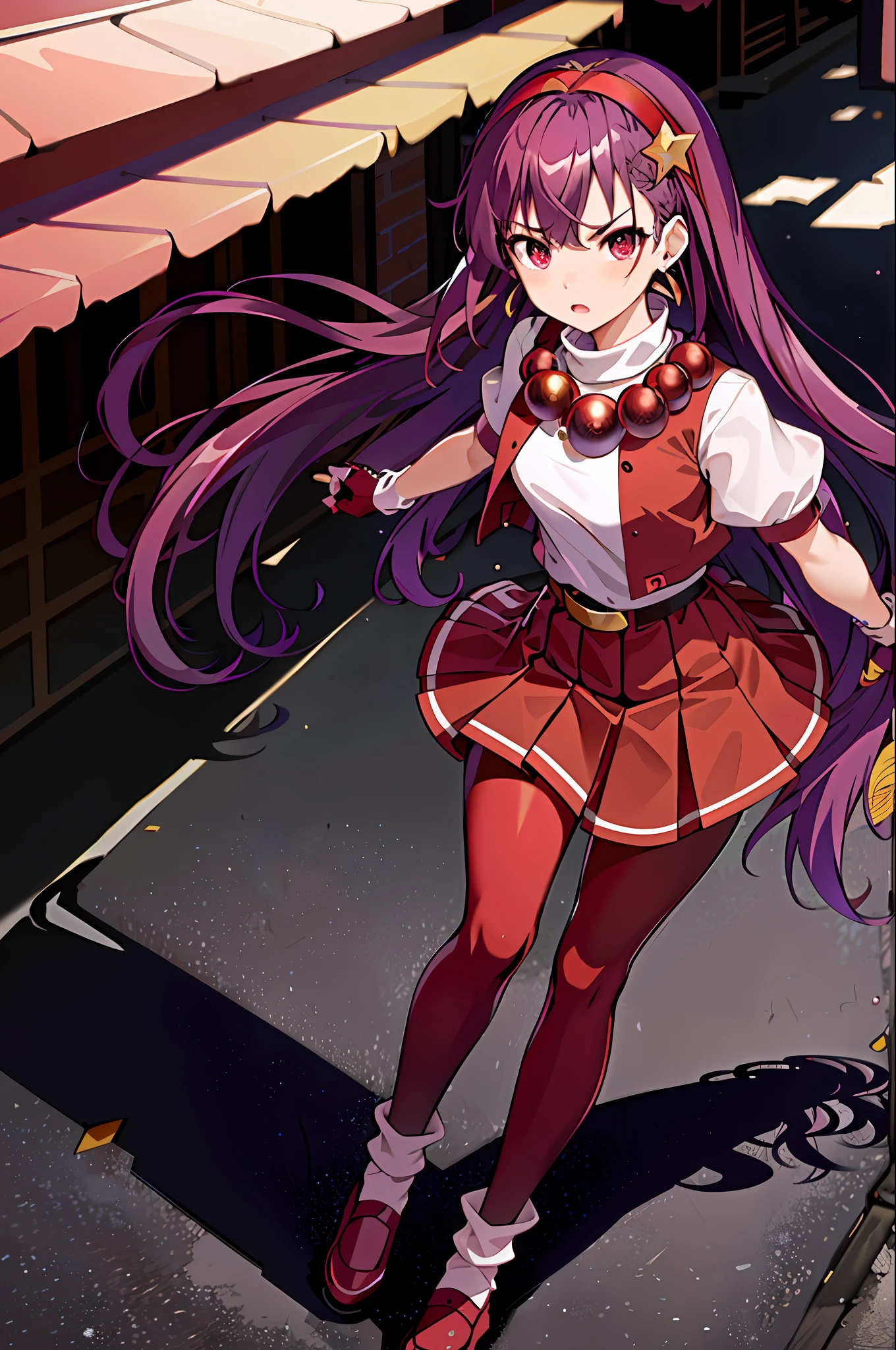 (masterpiece, top quality, best quality, official art, beautiful and aesthetic:1.2), (1girl:1.3), (fractal art:1.3), 
solo, athena97,
purple eyes, purple hair, long hair, earrings, red Mary Jane shoes, red hairband, star hair ornament,(white socks:1.2), 
huge breats, red open vest, white turtleneck, white puffy sleeves, short sleeves, red pleated skirt, deep red pantyhose,yellow belt,(puple spherical necklace:1.3), red fingerless gloves,
(outdoors),  alley, cosplay photo,  (cinmatic:0.4),alley simple background, angry, blush, tears, （Kick:1.3),