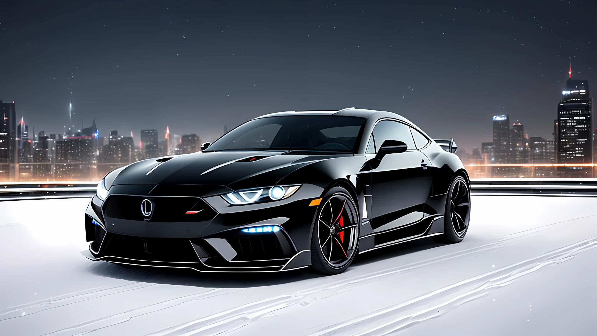 a sportscar sedan from future, detailed body, beautiful detailed face, symmetrical eyes, LBWORKS body kit, at night through a snow-covered metropolis among cars, there are a lot of people and cars on the roads around, fantastic clouds in the black sky, night, intricate details, dramatic