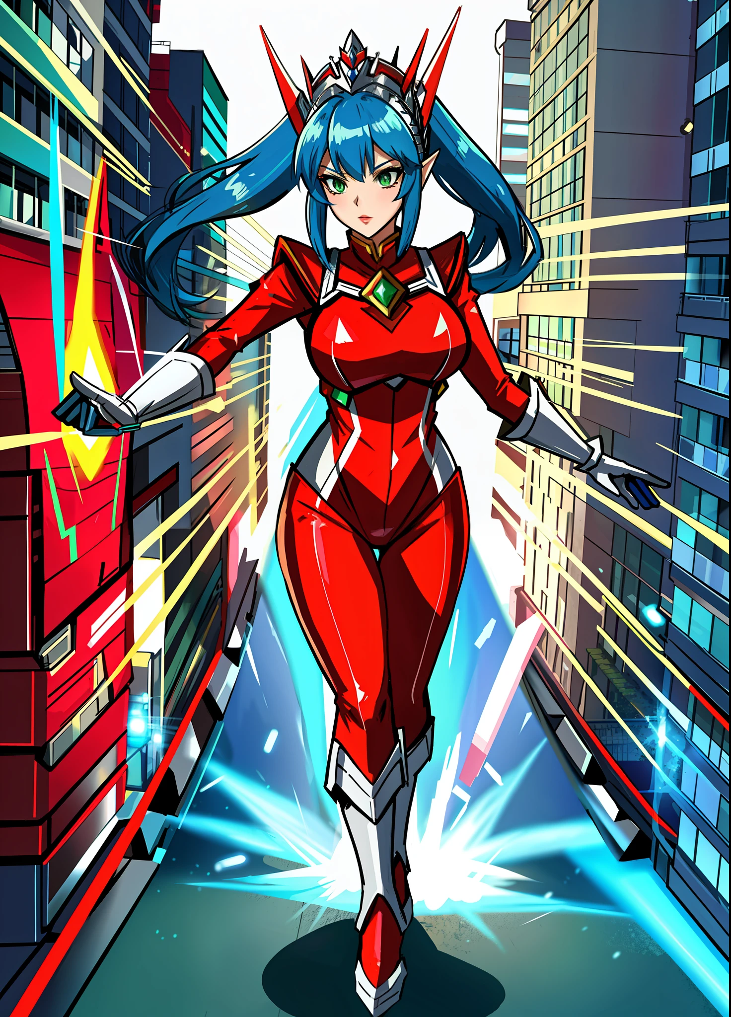 Full body image, standing, Princess Zelda giant, (red with silver costume:1.5), as Ultraman, immensely large breasts1, very tight body suit, heavy makeup on her face, light blue jewel on the breastplate, helmet on head, red lipstick on her mouth, (she green eyes:1.5, blue hair:1.5), Looking at the viewer from the front, she is in a futuristic city with several monsters attacking the buildings, Tokusatsu, Ultraman, anime style, cinematic lighting, 16k, UHD, masterpiece, best quality, high details