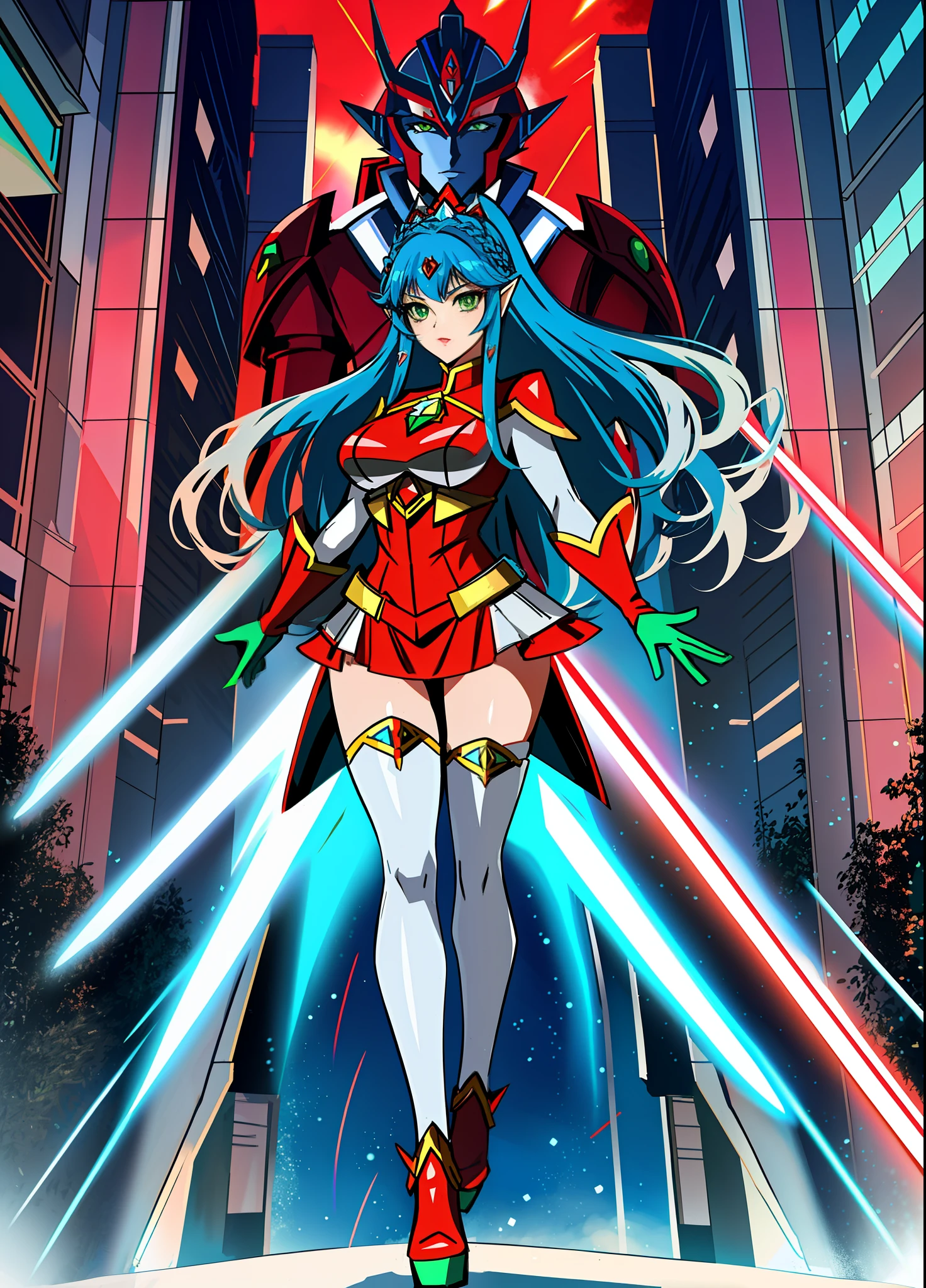 Full body image, standing, Princess Zelda giant, (red with silver costume:1.5), as Ultraman, immensely large breasts1, very tight body suit, heavy makeup on her face, light blue jewel on the breastplate, helmet on head, red lipstick on her mouth, (she green eyes:1.5, blue hair:1.5), Looking at the viewer from the front, she is in a futuristic city with several monsters attacking the buildings, Tokusatsu, Ultraman, anime style, cinematic lighting, 16k, UHD, masterpiece, best quality, high details