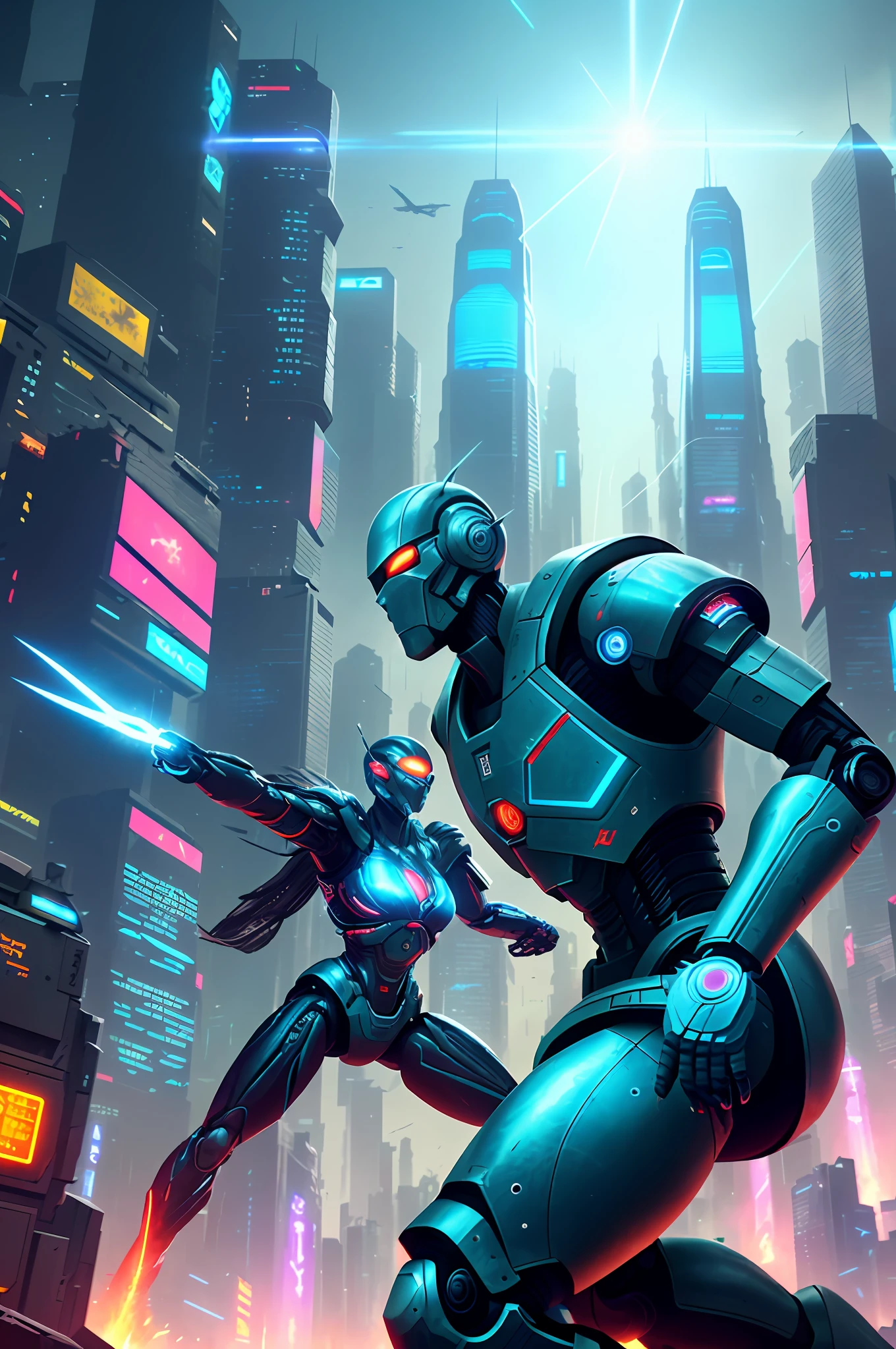 A fight scene (war), Artificial Intelligence, Cyberspace, many android fighting, firing futuristic weapons, in a futuristic city (city of artificial intelligences), artificial intelligence codes, strong lights wings, with flying cars, shooting with their futuristic weapon rays of neon blue lights,