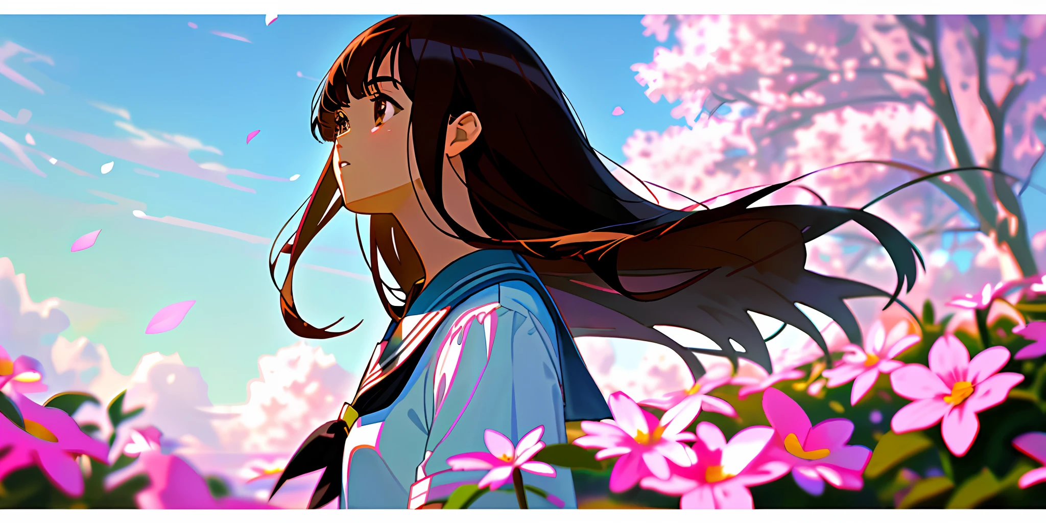 (masterpiece, best quality),1girl, solo, flower, long hair, outdoors, letterboxed, school uniform, day, sky, looking up, short sleeves, parted lips, shirt, cloud, black hair, sunlight, white shirt, serafuku, upper body, from side, pink flower, blurry, brown hair, blue sky, depth of field