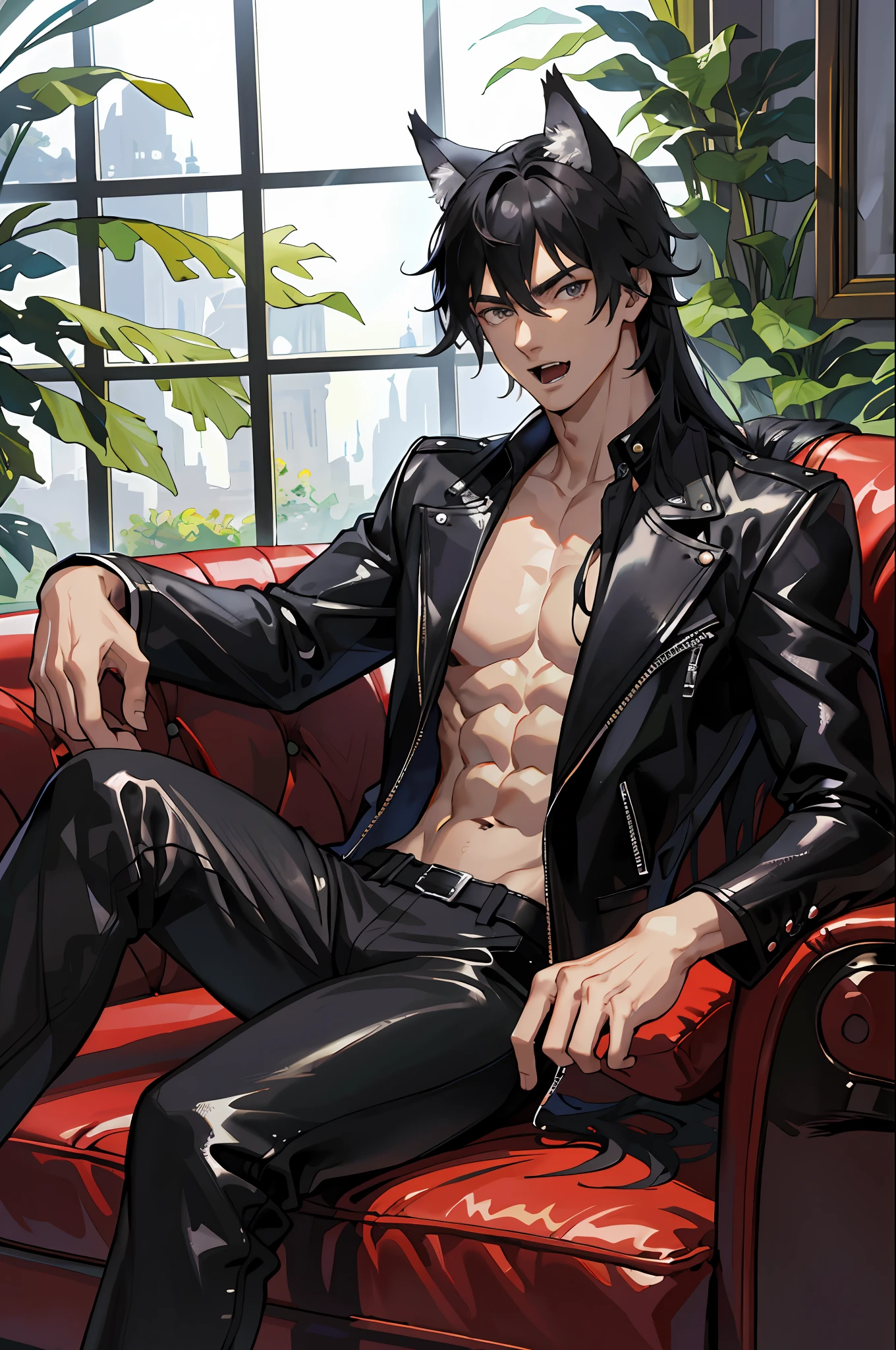 (absurdres, highres, ultra detailed), 1 male, adult, handsome, tall muscular guy, broad shoulders, finely detailed eyes and detailed face, black very long hair, gray eyes, handsome, fantasy, gothic, wolf ears, wolf tail, Sunlight, Fantastic light and shadow, Scenery, portrait, vampire fangs, open mouth, sexy, attractive, full body, tongle, no clothes, no shirt,, Dog Collar, bangs, cute face, sitting on the couch, black leather pants, no shirt