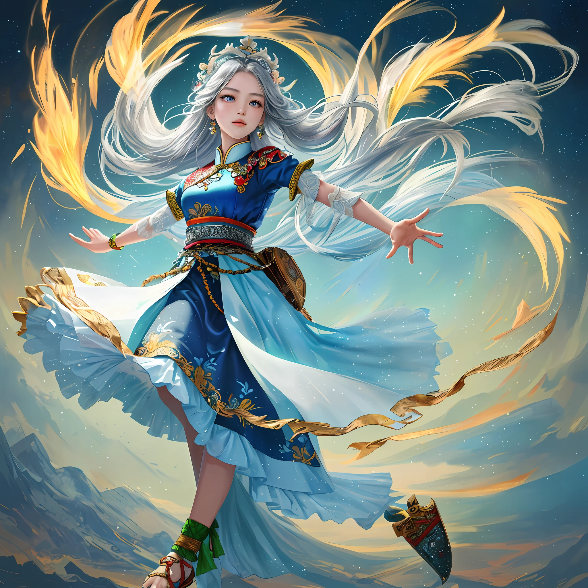 Looking up, correct viewing angle, best texture, high quality, ultra HD, 8K, colorful flowers, dancing Miao girl, full of Miao silver jewelry, Miao clothing, silver phoenix crown, melon seed face, ultra-detailed face, blue eyes, long eyebrows, fair skin, black long hair, flowing long hair, rising with the wind, dreamy, colorful gifts, various colors of floral background, realistic, very detailed, high detail, ultra-clear,