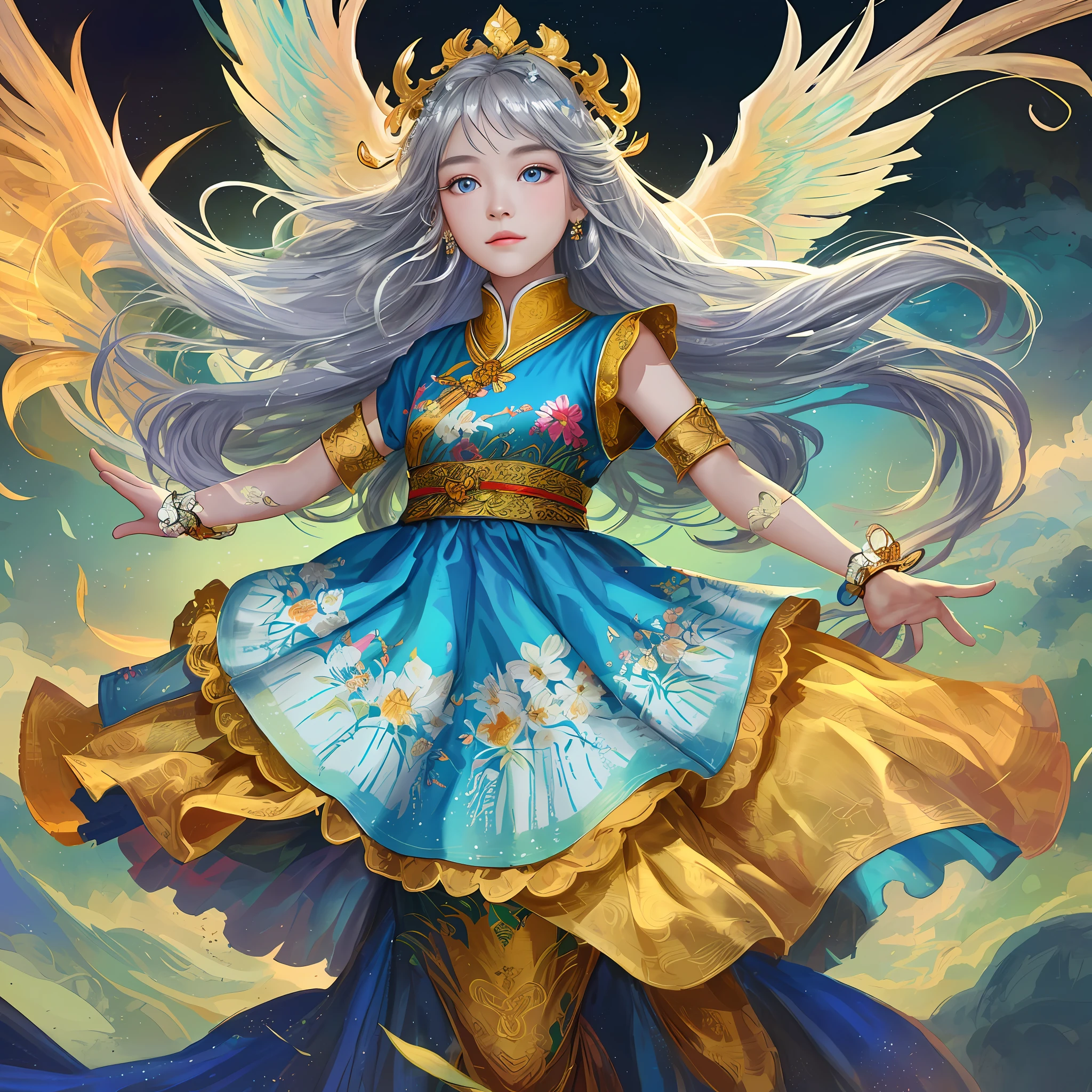 Looking up, correct viewing angle, best texture, high quality, ultra HD, 8K, colorful flowers, dancing Miao girl, full of Miao silver jewelry, Miao clothing, silver phoenix crown, melon seed face, ultra-detailed face, blue eyes, long eyebrows, fair skin, black long hair, flowing long hair, rising with the wind, dreamy, colorful gifts, various colors of floral background, realistic, very detailed, high detail, ultra-clear,