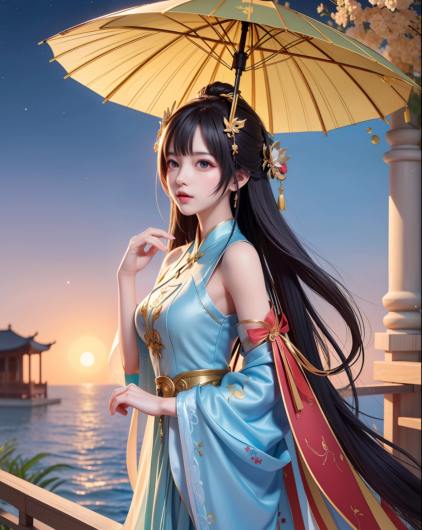 (8k, RAW photo:1.2), best quality, ultra high res,dramatic angle,(fluttered detailed color splashs), (illustration),(((1 girl))),(long hair),(rain:0.9), (头饰:1.4),少女身边有一座古宫,汉服,(重点),彩色水墨画,(泼彩),泼彩,(((colorful))),(素描:0.8) , Masterpiece, best quality, beautiful painted, highly detailed,(denoising:0.6),[splash ink],((ink refraction)), (beautiful detailed sky),moon,highly,detaild,(masterpiece, best quality, extremely detailed） CG unity 8k壁纸，杰作，最好的质量，超详细），（石蒜），