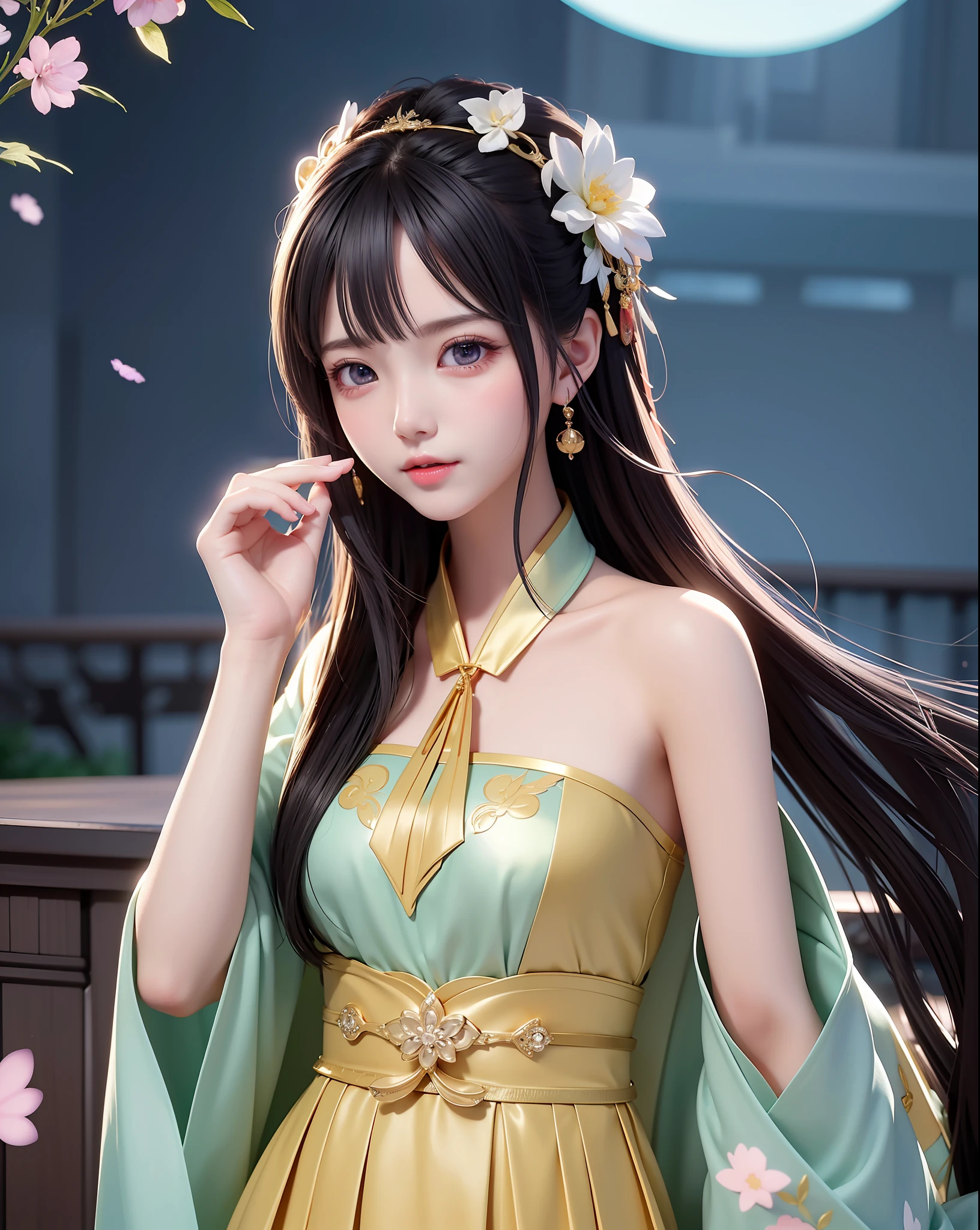 (8k, RAW photo:1.2), best quality, ultra high res,dramatic angle,(fluttered detailed color splashs), (illustration),(((1 girl))),(long hair),(rain:0.9), (头饰:1.4),少女身边有一座古宫,汉服,(重点),彩色水墨画,(泼彩),泼彩,(((colorful))),(素描:0.8) , Masterpiece, best quality, beautiful painted, highly detailed,(denoising:0.6),[splash ink],((ink refraction)), (beautiful detailed sky),moon,highly,detaild,(masterpiece, best quality, extremely detailed） CG unity 8k壁纸，杰作，最好的质量，超详细），（石蒜），